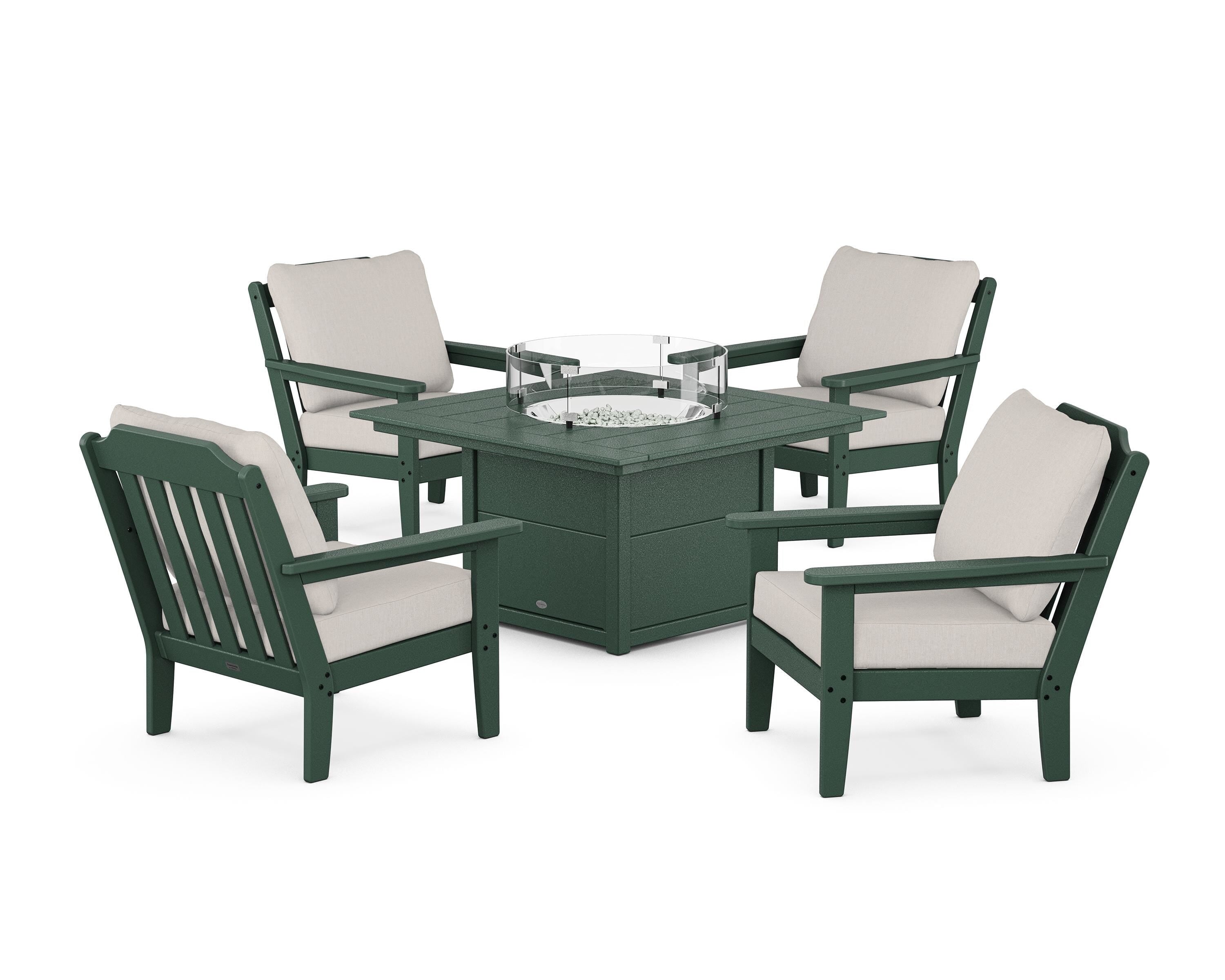 Country Living Cottage 5-Piece Deep Seating Set with Fire Pit Table in Green / Cast Ash