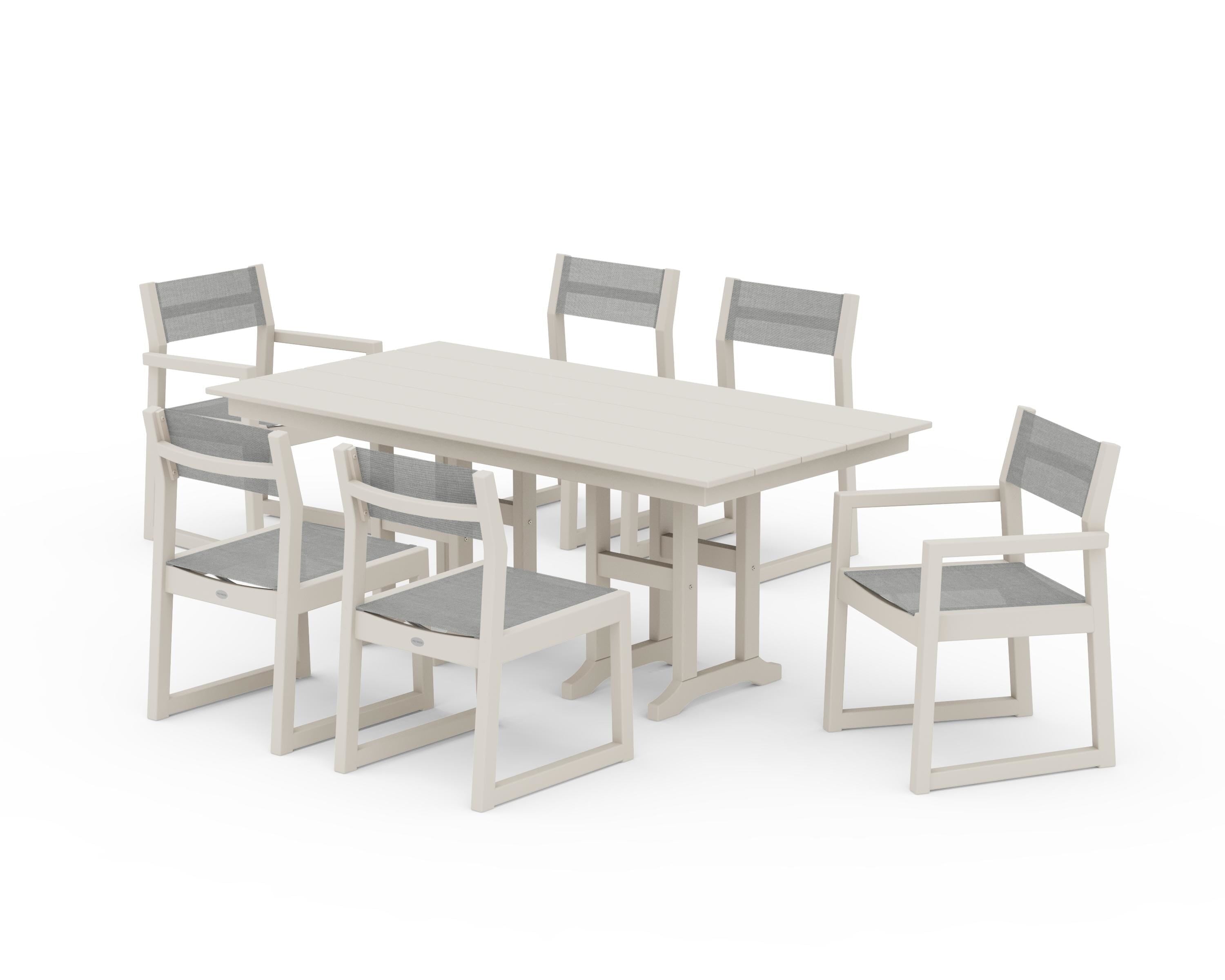 POLYWOOD EDGE Sling 7-Piece Farmhouse Dining Set in Sand / Metallic Sling