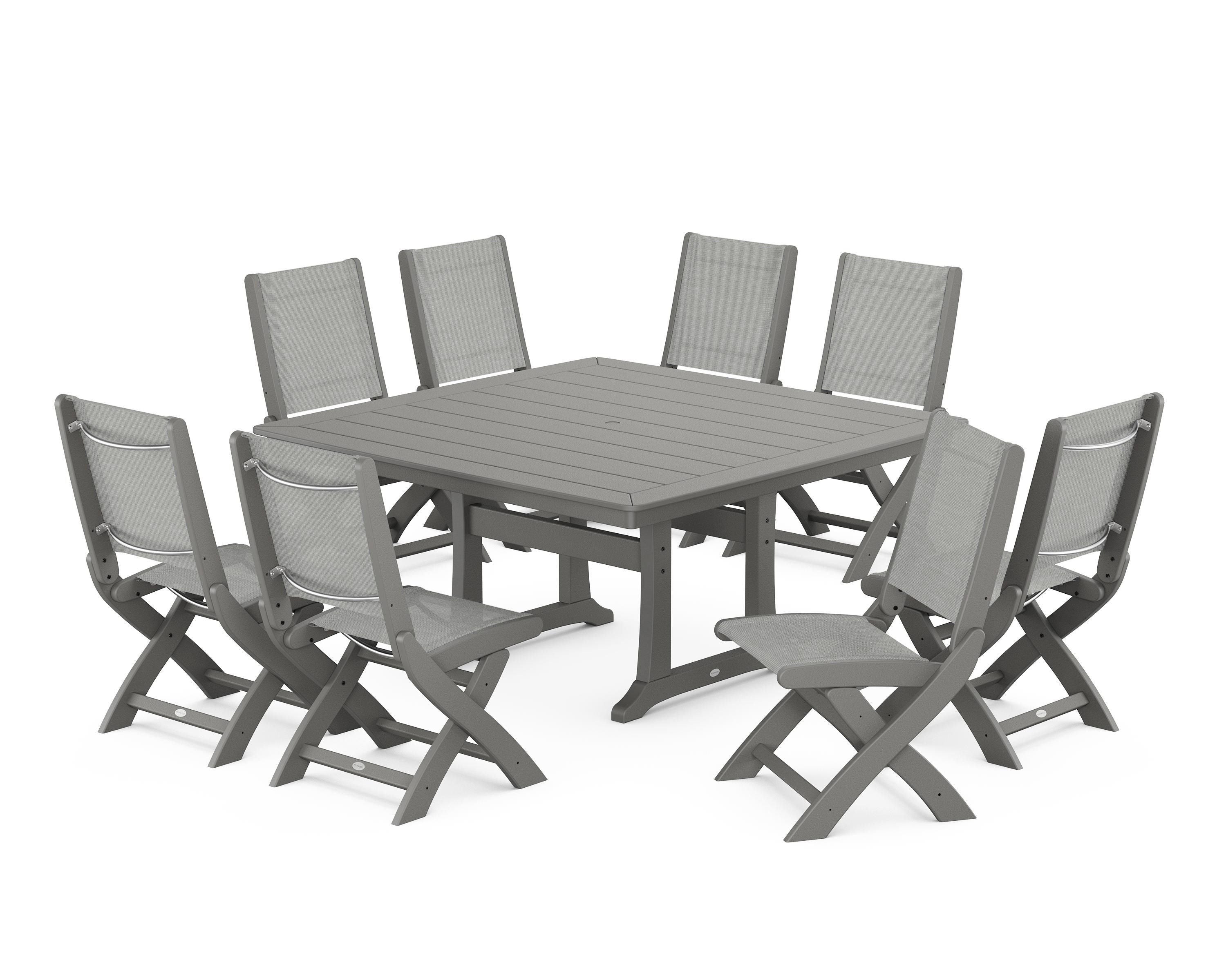 POLYWOOD Coastal Folding Side Chair 9-Piece Dining Set with Trestle Legs in Slate Grey / Metallic Sling