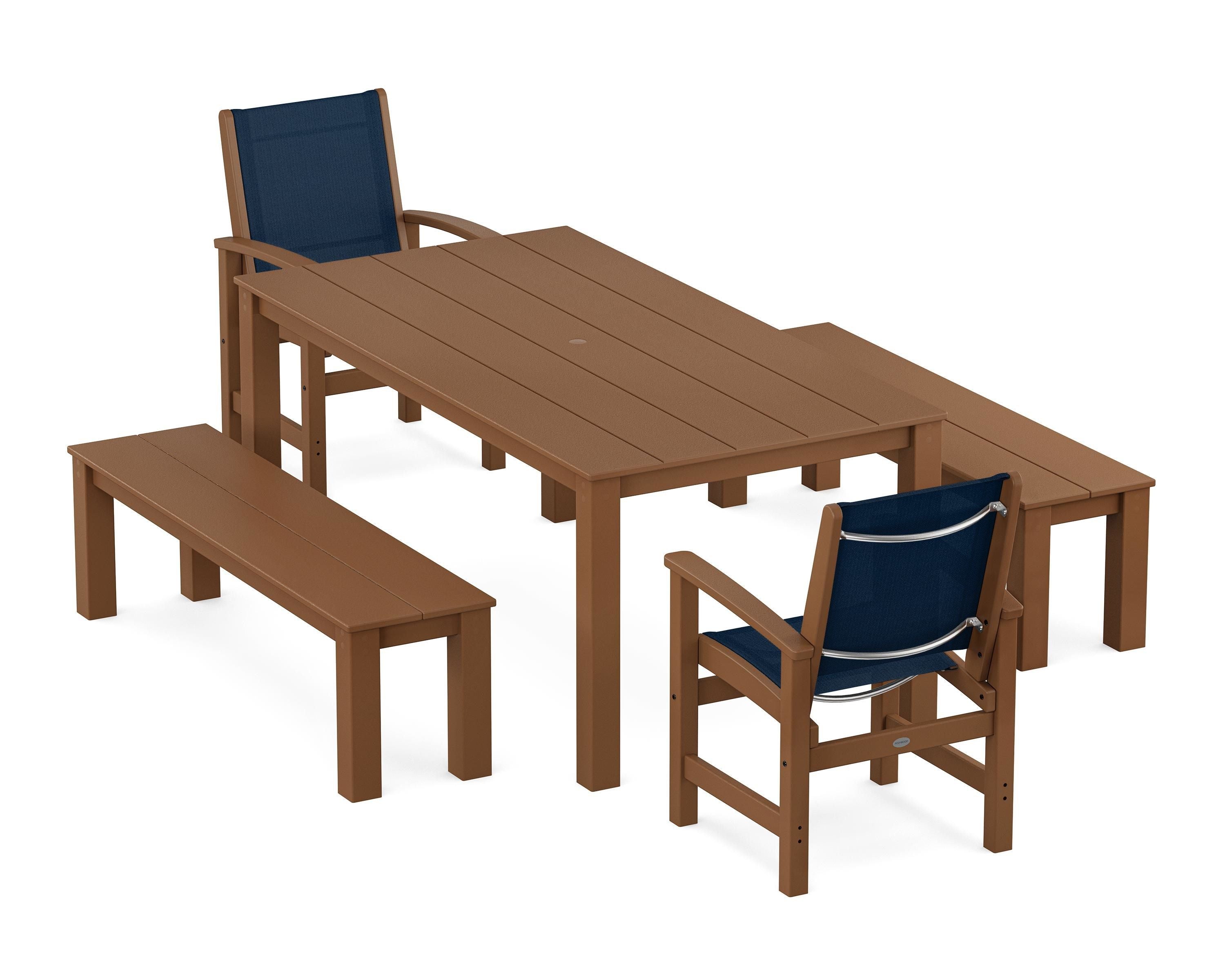 POLYWOOD Coastal 5-Piece Parsons Dining Set with Benches in Teak / Navy Blue Sling