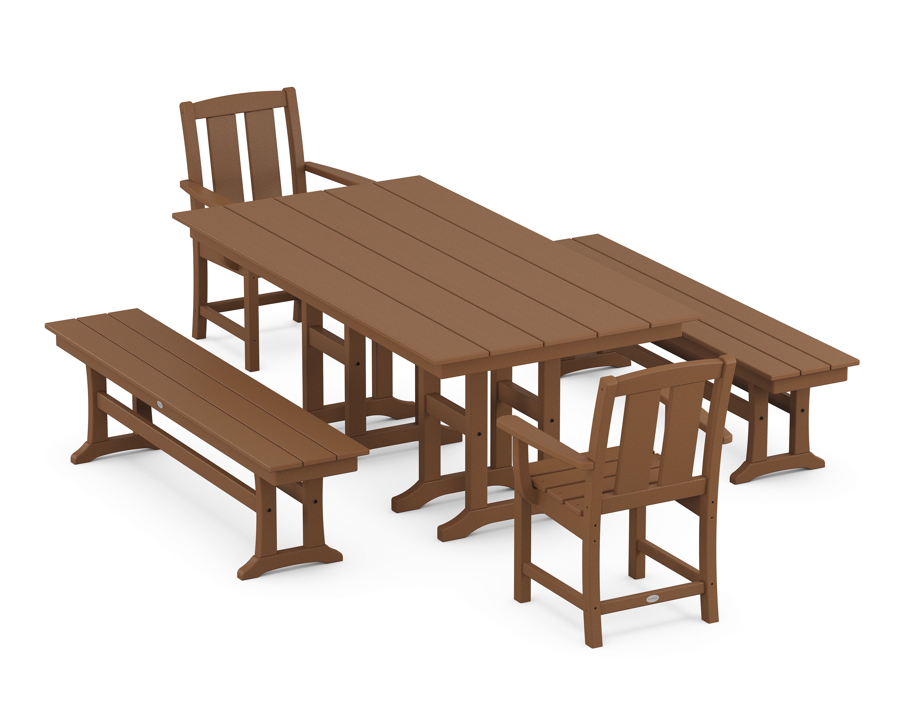 POLYWOOD Mission 5-Piece Farmhouse Dining Set with Benches in Teak