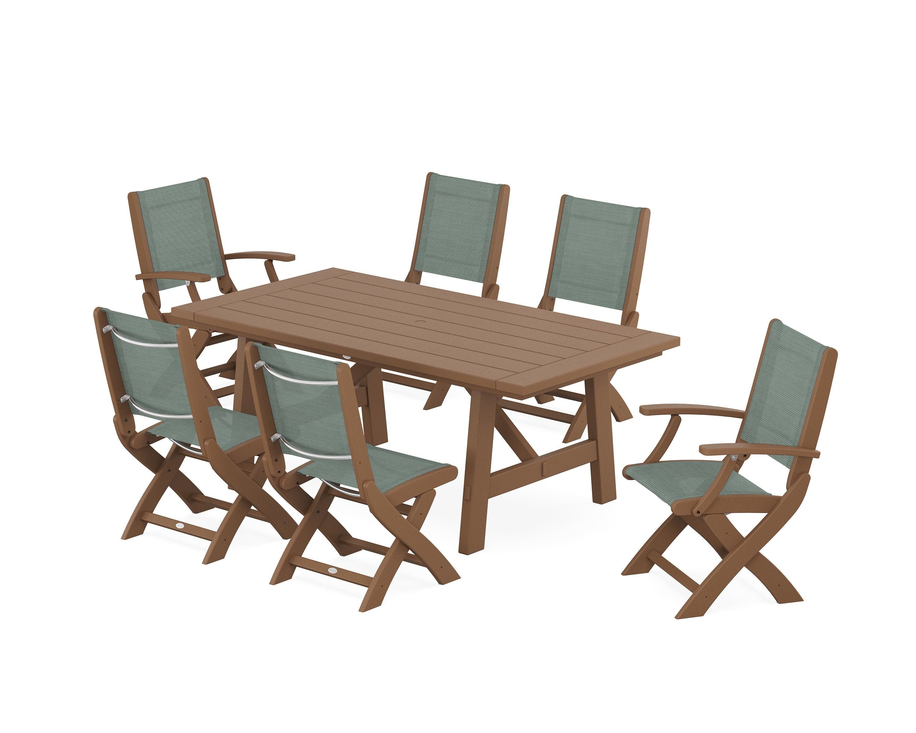 POLYWOOD Coastal Folding Chair 7-Piece Rustic Farmhouse Dining Set in Teak / Dupioni Sea Mist Sling