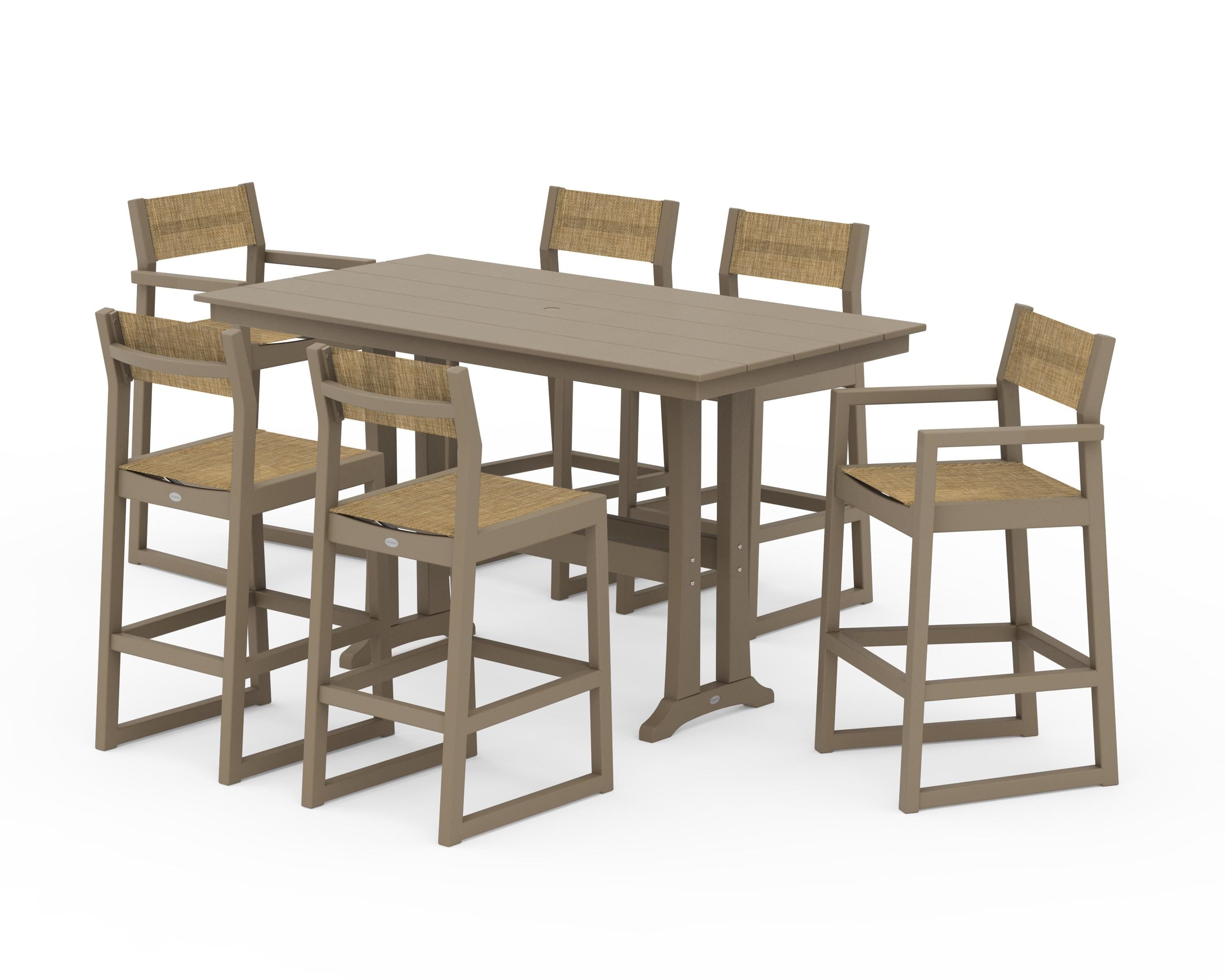 POLYWOOD EDGE Sling 7-Piece Farmhouse Bar Set with Trestle Legs in Vintage Sahara / Burlap Sling