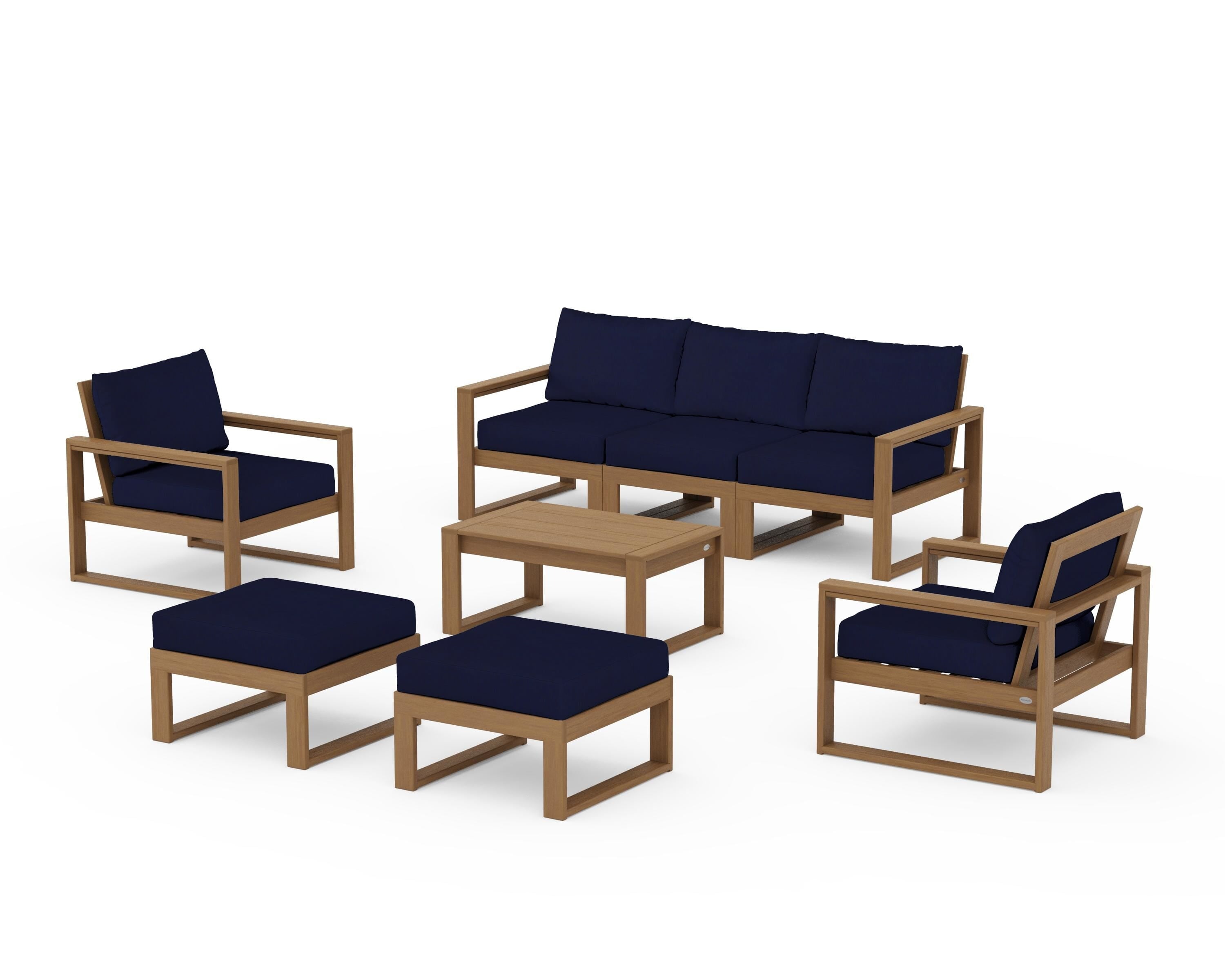 POLYWOOD EDGE Sectional 8-Piece Lounge Sofa Set in Natural / Navy