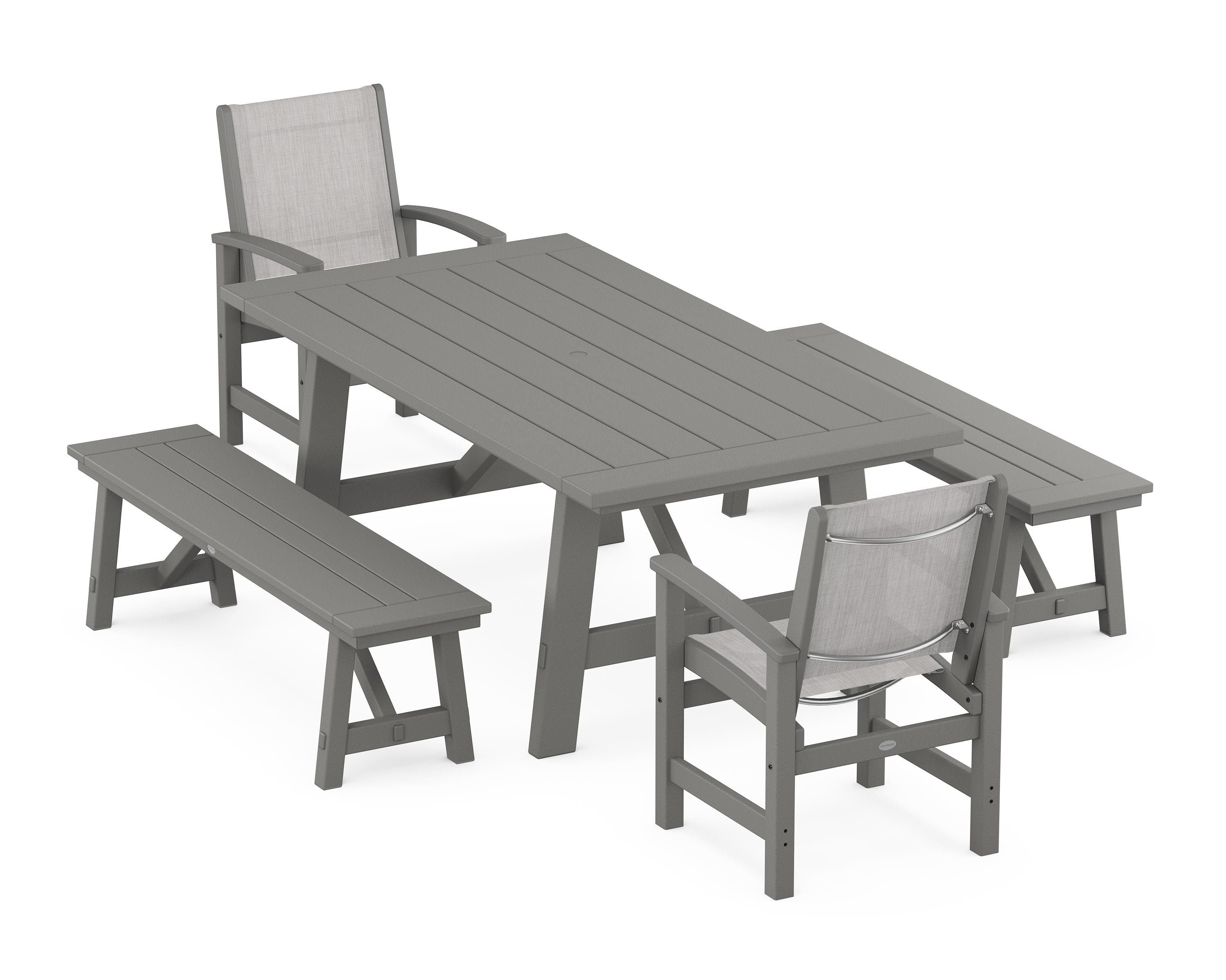 POLYWOOD Coastal 5-Piece Rustic Farmhouse Dining Set With Benches in Slate Grey / Parchment Sling