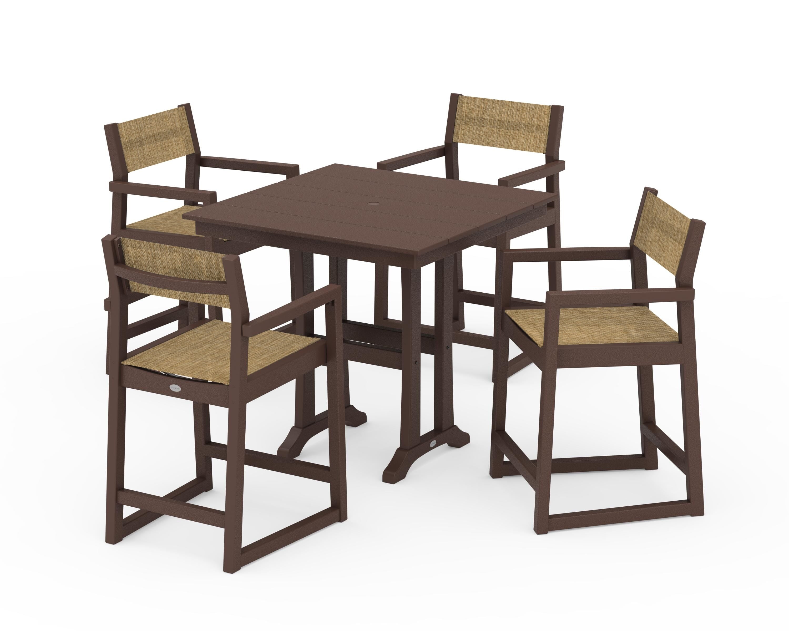 POLYWOOD EDGE Sling Arm Chair 5-Piece Farmhouse Counter Set with Trestle Legs in Mahogany / Burlap Sling