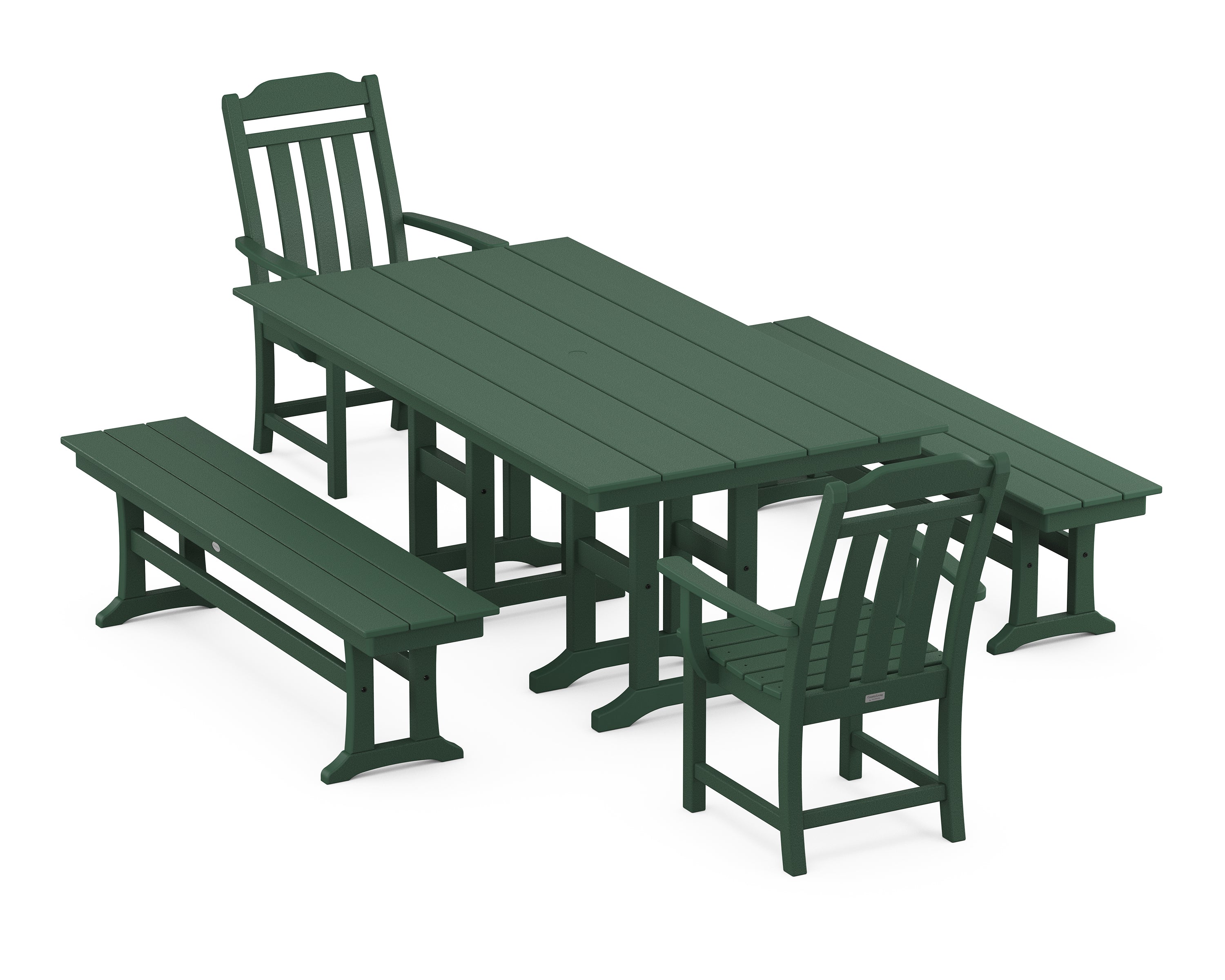 Polywood Country Living 5-Piece Farmhouse Dining Set with Benches in Green