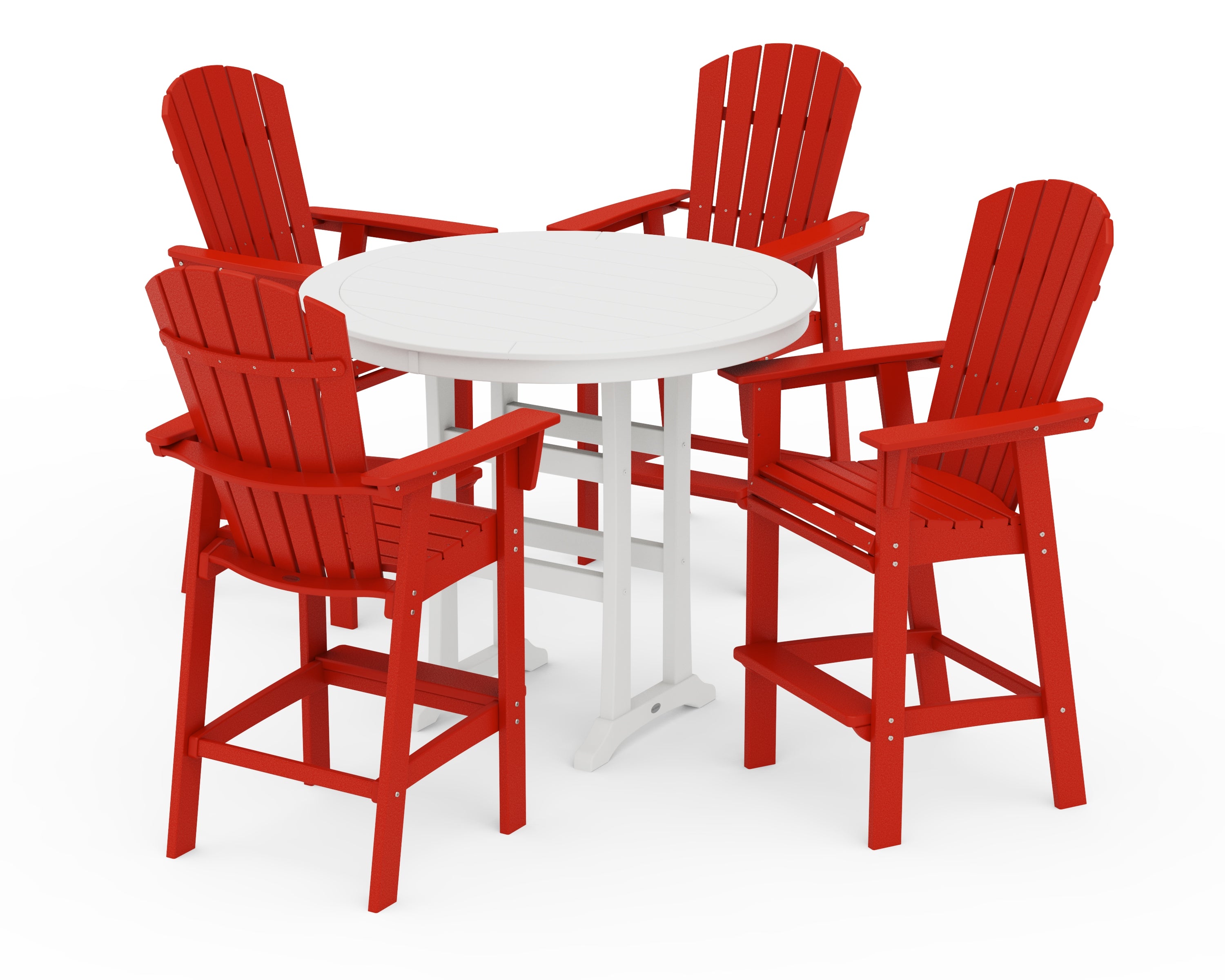 POLYWOOD Nautical Curveback Adirondack 5-Piece Round Trestle Bar Set in Sunset Red / White