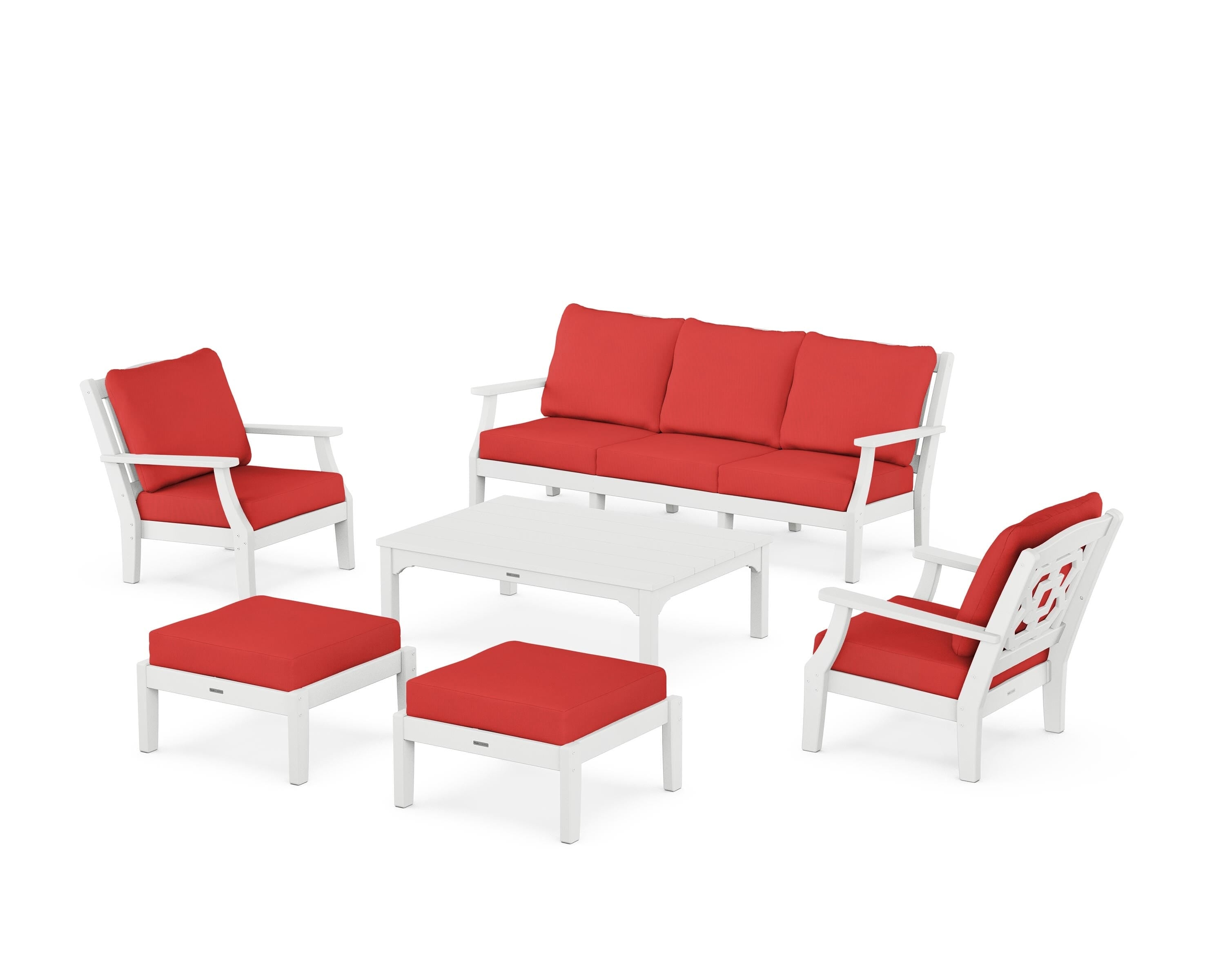 Martha Stewart by POLYWOOD Chinoiserie 6-Piece Lounge Sofa Set in White / Crimson Linen