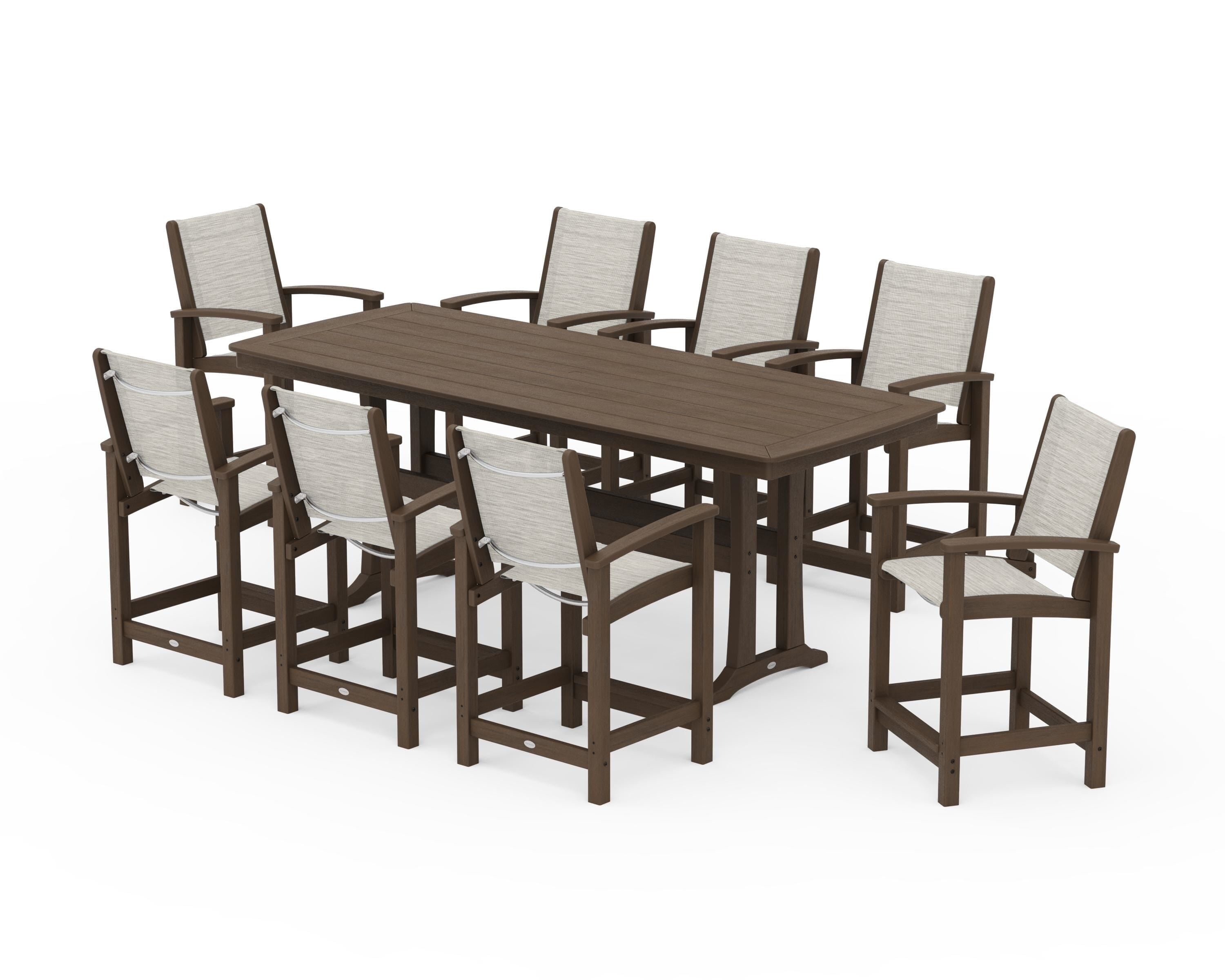 POLYWOOD Coastal 9-Piece Counter Set with Trestle Legs in Kona / Birch Sling