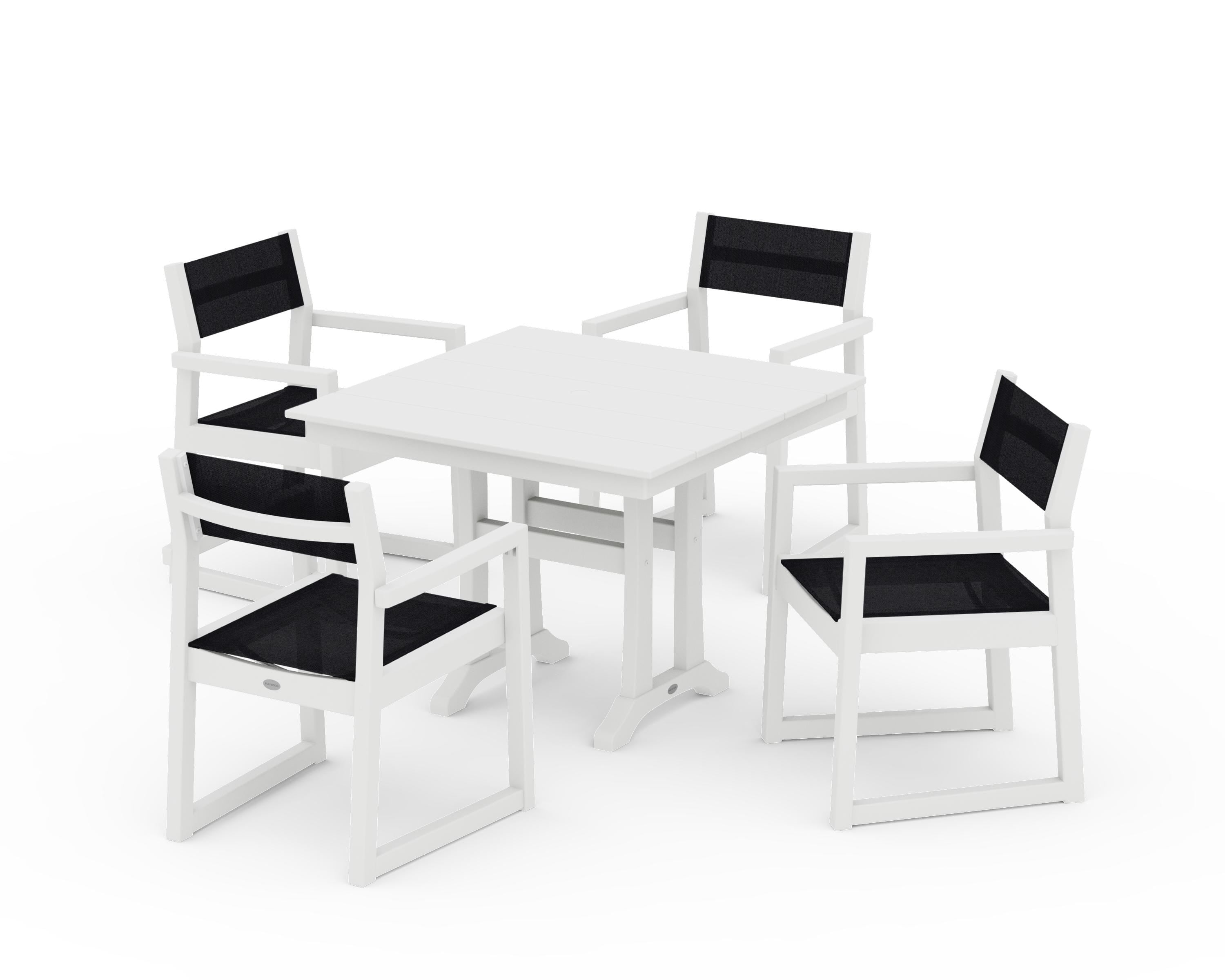 POLYWOOD EDGE Sling 5-Piece Farmhouse Dining Set with Trestle Legs in White / Black Sling