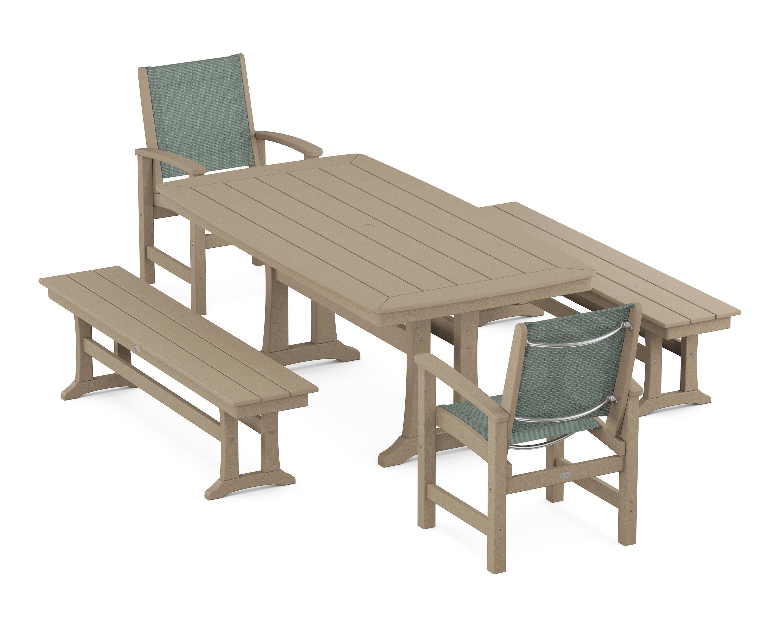 POLYWOOD Coastal 5-Piece Dining Set with Trestle Legs and Benches in Vintage Sahara / Dupioni Sea Mist Sling