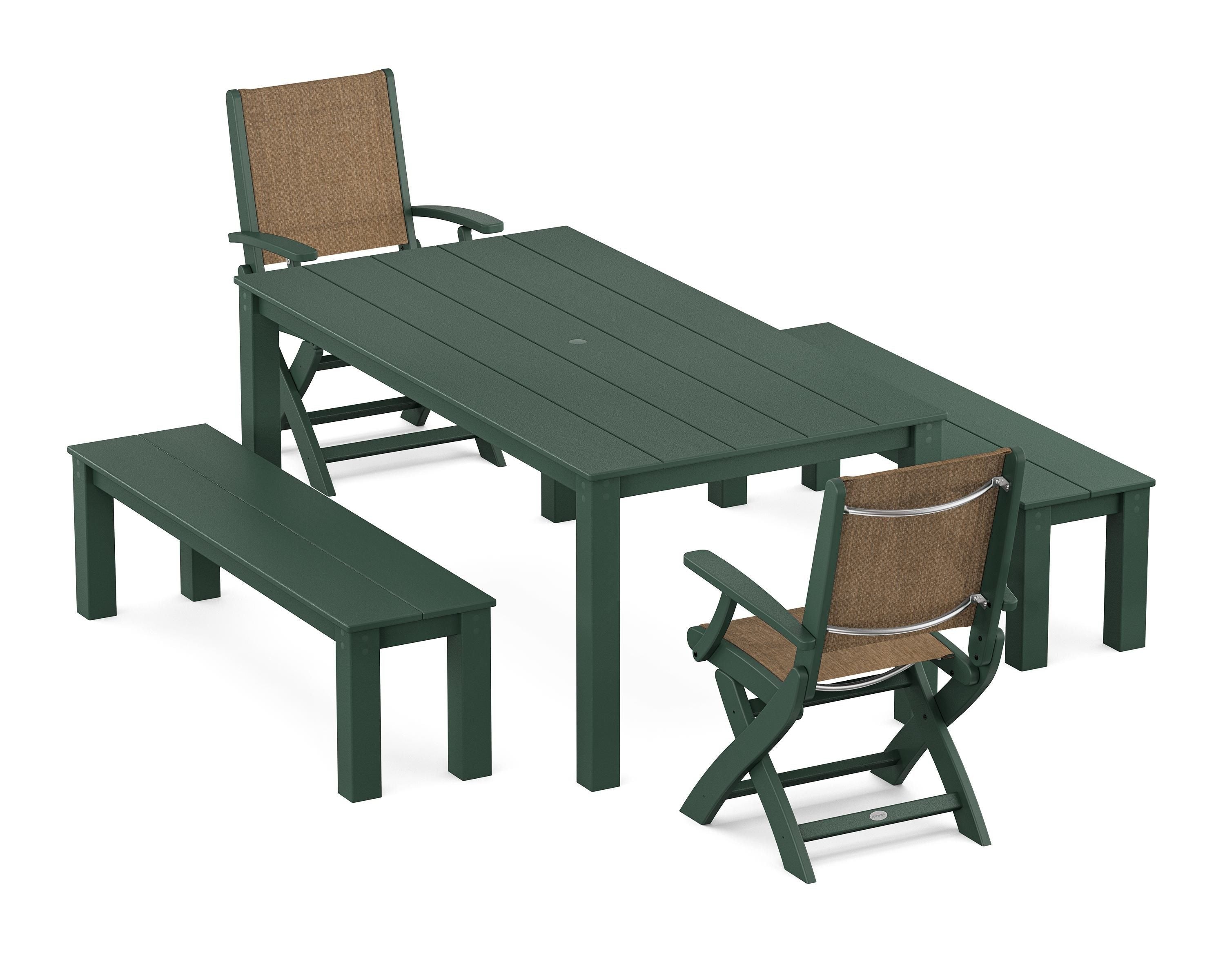 POLYWOOD Coastal Folding Chair 5-Piece Parsons Dining Set with Benches in Green / Burlap Sling