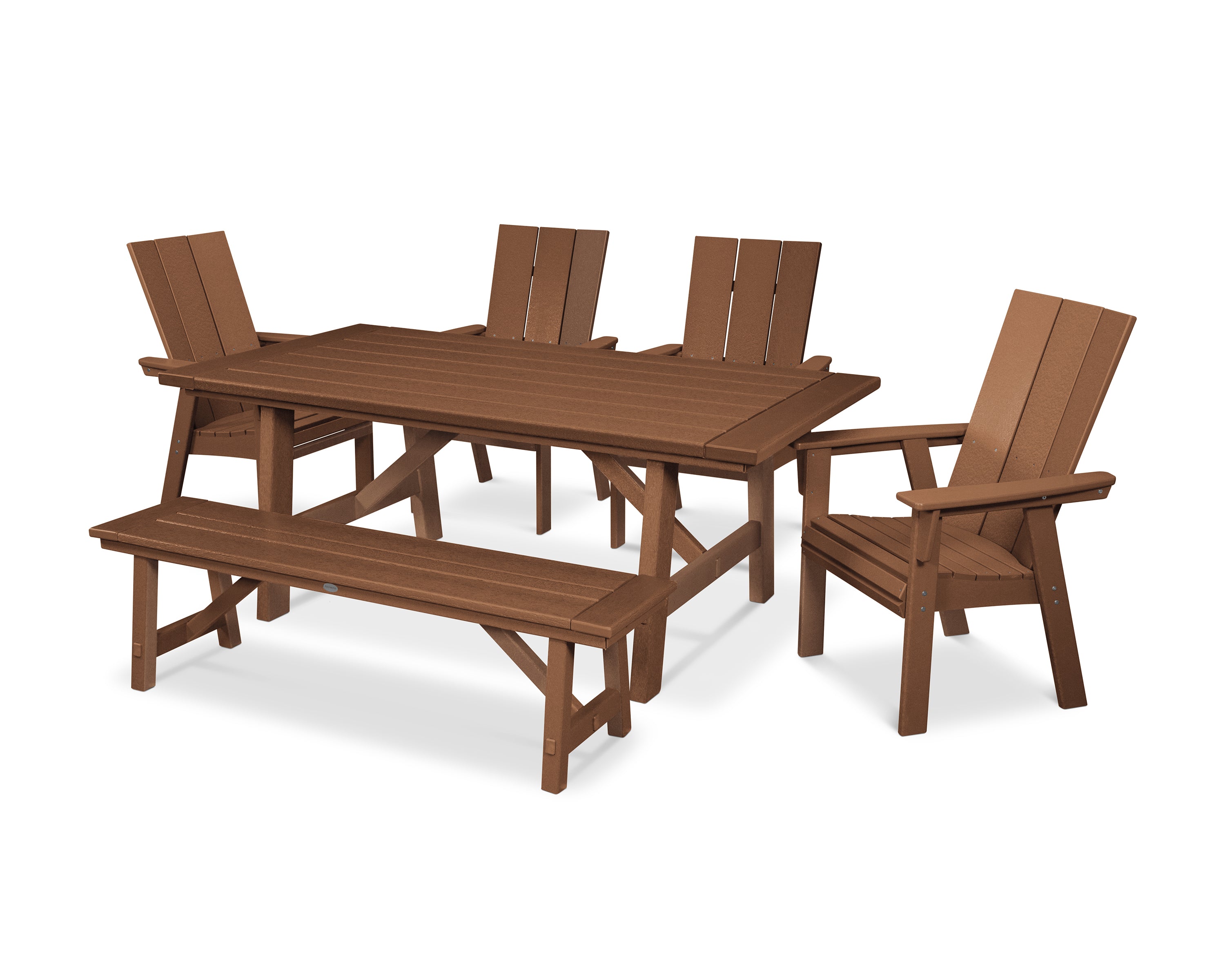 POLYWOOD® Modern Curveback Adirondack 6-Piece Rustic Farmhouse Dining Set with Bench in Teak