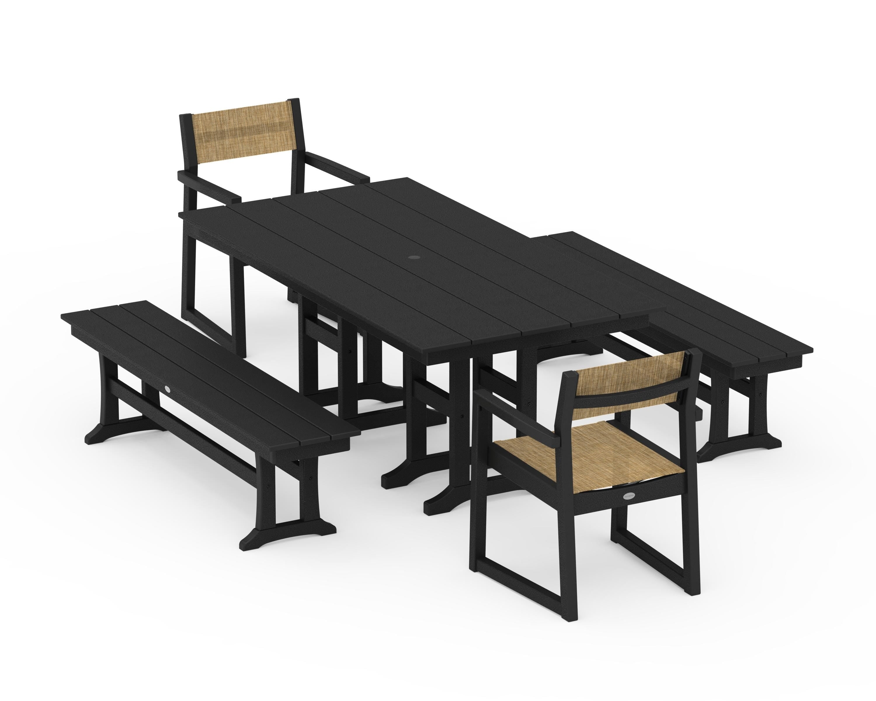 POLYWOOD EDGE Sling Arm Chair 5-Piece Farmhouse Dining Set with Benches in Black / Burlap Sling