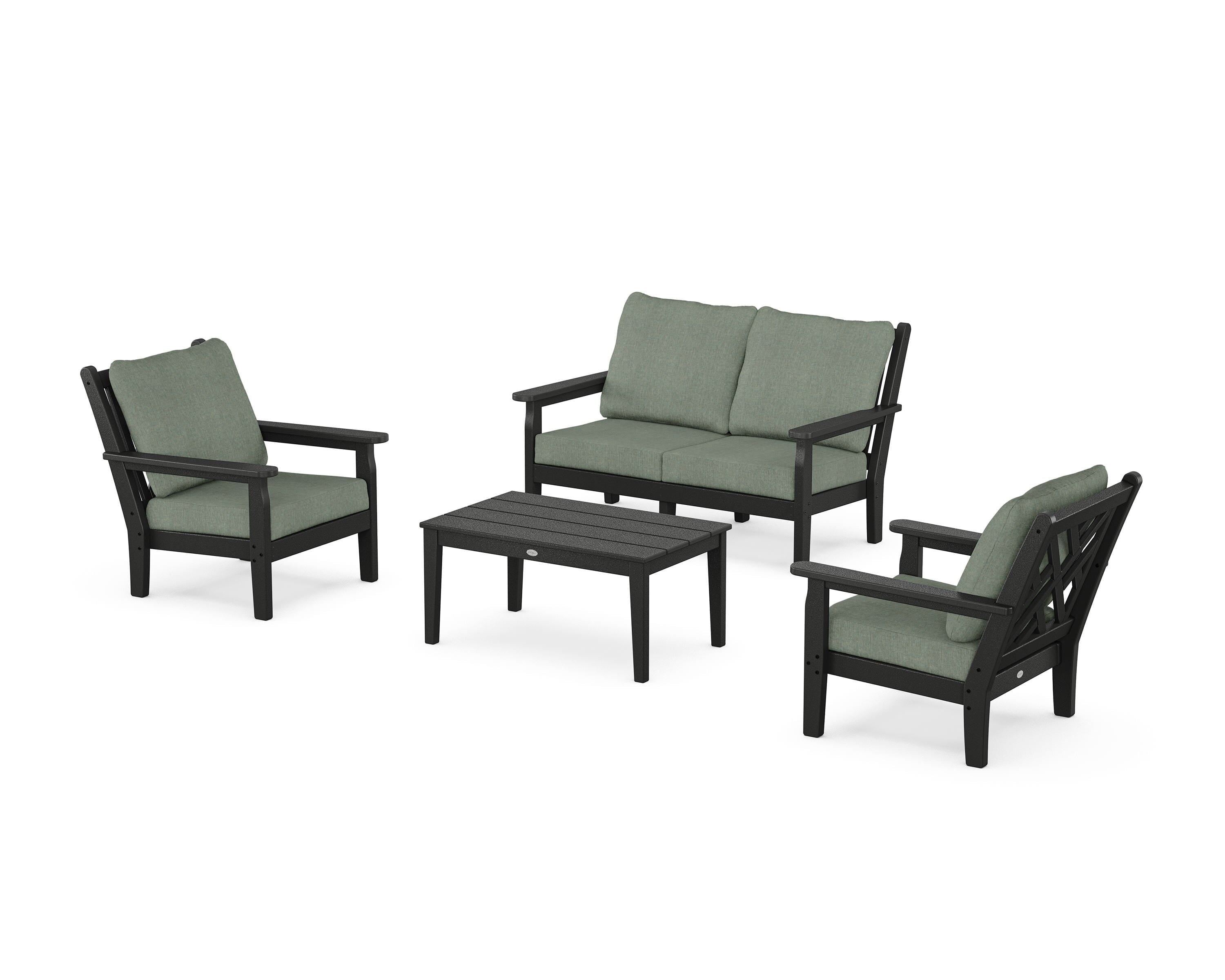 POLYWOOD Chippendale 4-Piece Deep Seating Set with Loveseat in Black / Cast Sage