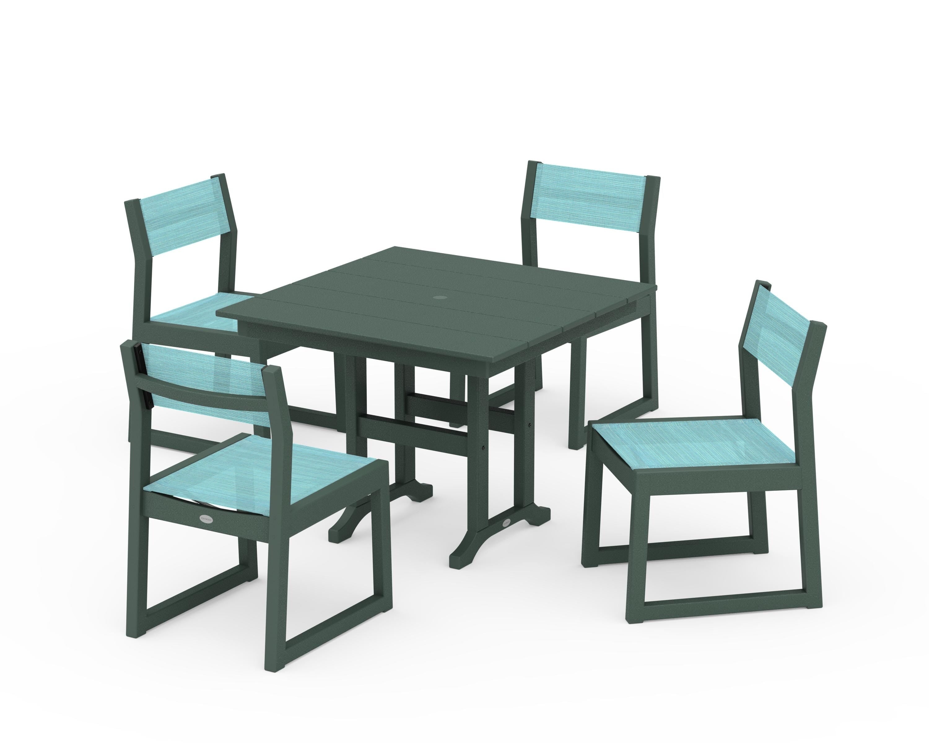 POLYWOOD EDGE Sling Side Chair 5-Piece Farmhouse Dining Set in Green / Dupioni Aquamarine Sling