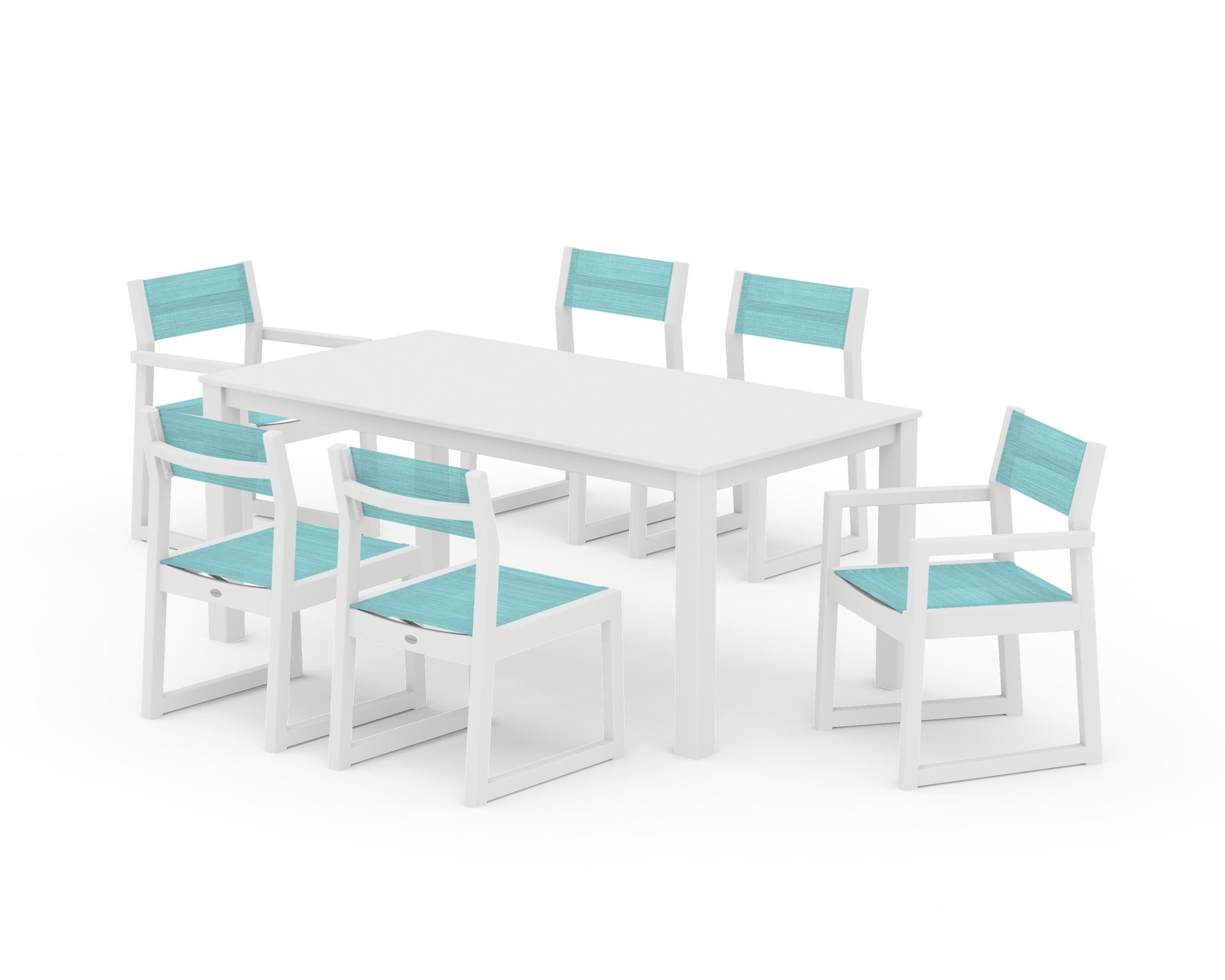 POLYWOOD EDGE Sling 7-Piece Parsons Dining Set in White / Dupioni Aquamarine Sling