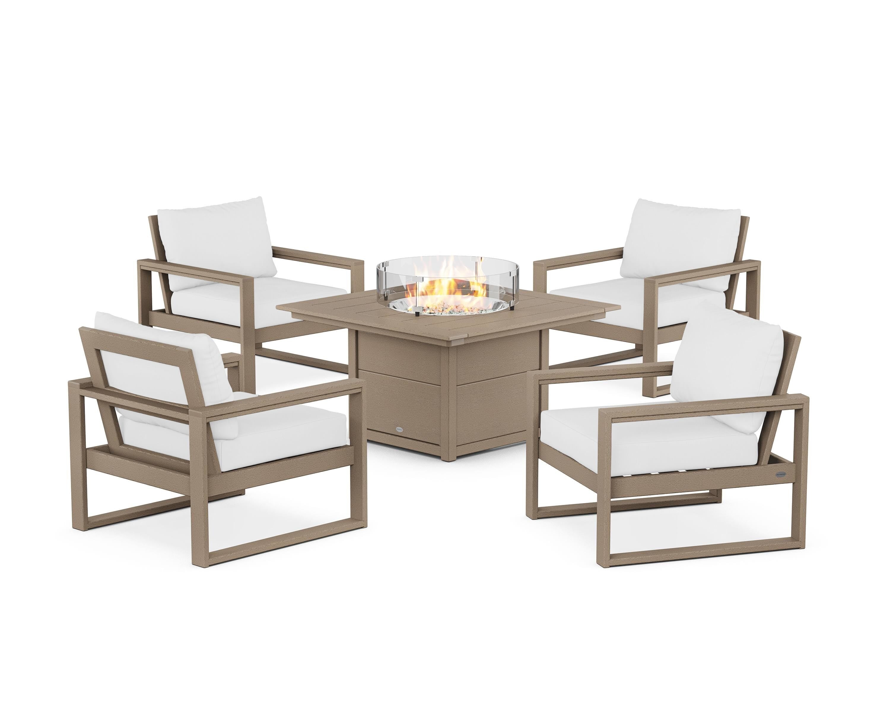 POLYWOOD EDGE Sectional 5-Piece Deep Seating Set with Fire Pit Table in Vintage Sahara / Natural