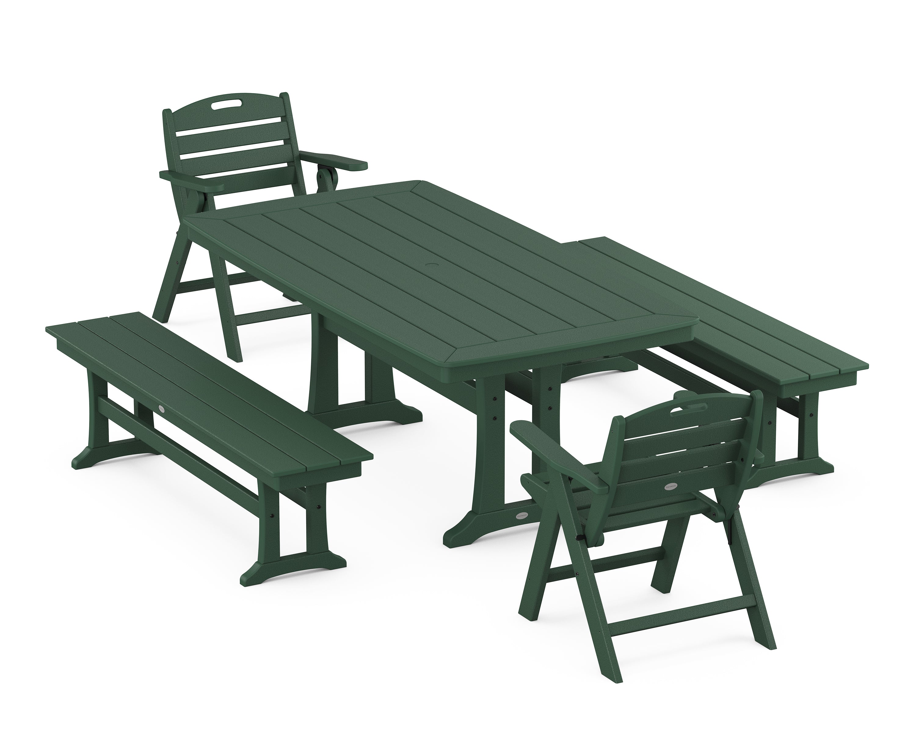 POLYWOOD Nautical Folding Lowback Chair 5-Piece Dining Set with Trestle Legs and Benches in Green