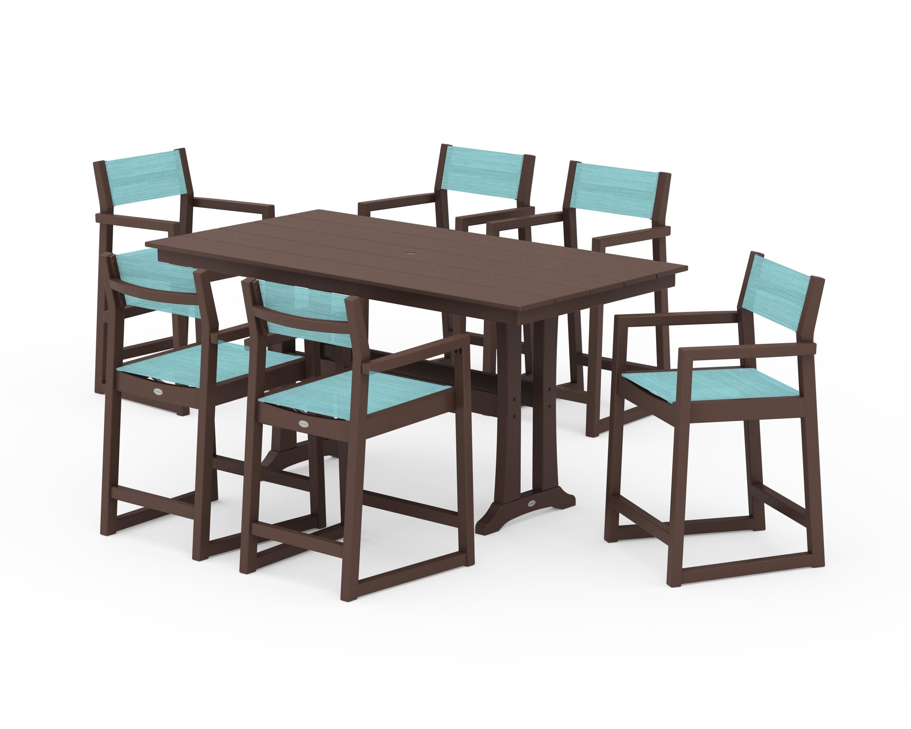 POLYWOOD EDGE Sling Arm Chair 7-Piece Farmhouse Counter Set with Trestle Legs in Mahogany / Dupioni Aquamarine Sling