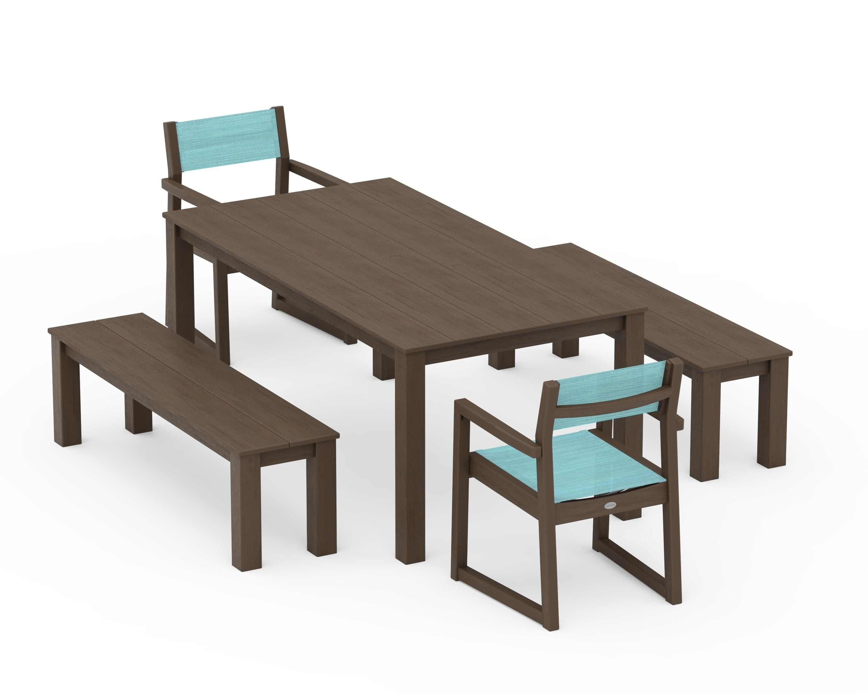POLYWOOD EDGE Sling Arm Chair 5-Piece Parsons Dining Set with Benches in Kona / Dupioni Aquamarine Sling