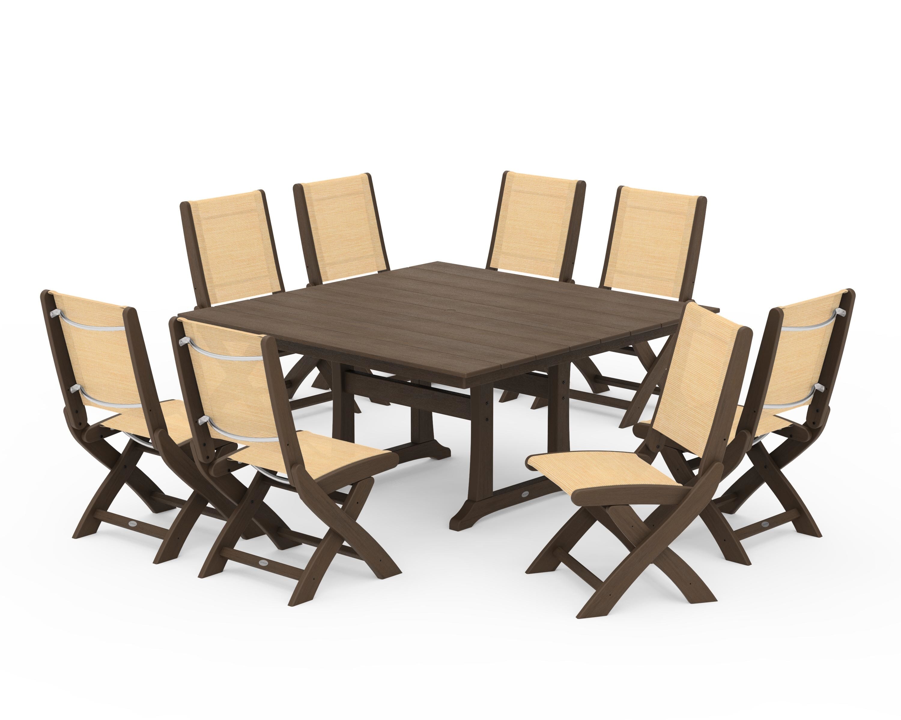 POLYWOOD Coastal Folding Side Chair 9-Piece Farmhouse Dining Set in Kona / Dupioni Apricot Sling