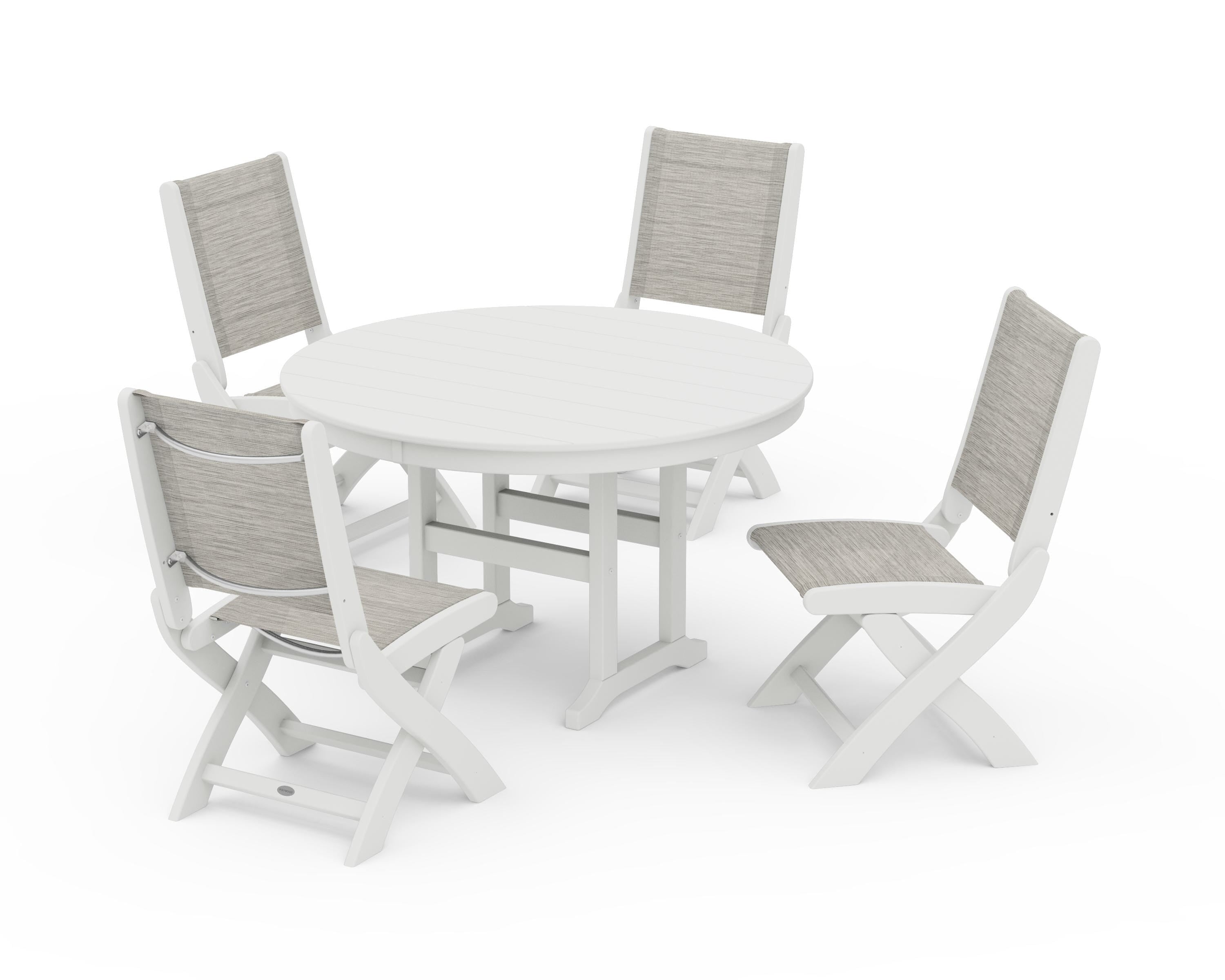 POLYWOOD Coastal Folding Side Chair 5-Piece Round Dining Set in Vintage White / Birch Sling
