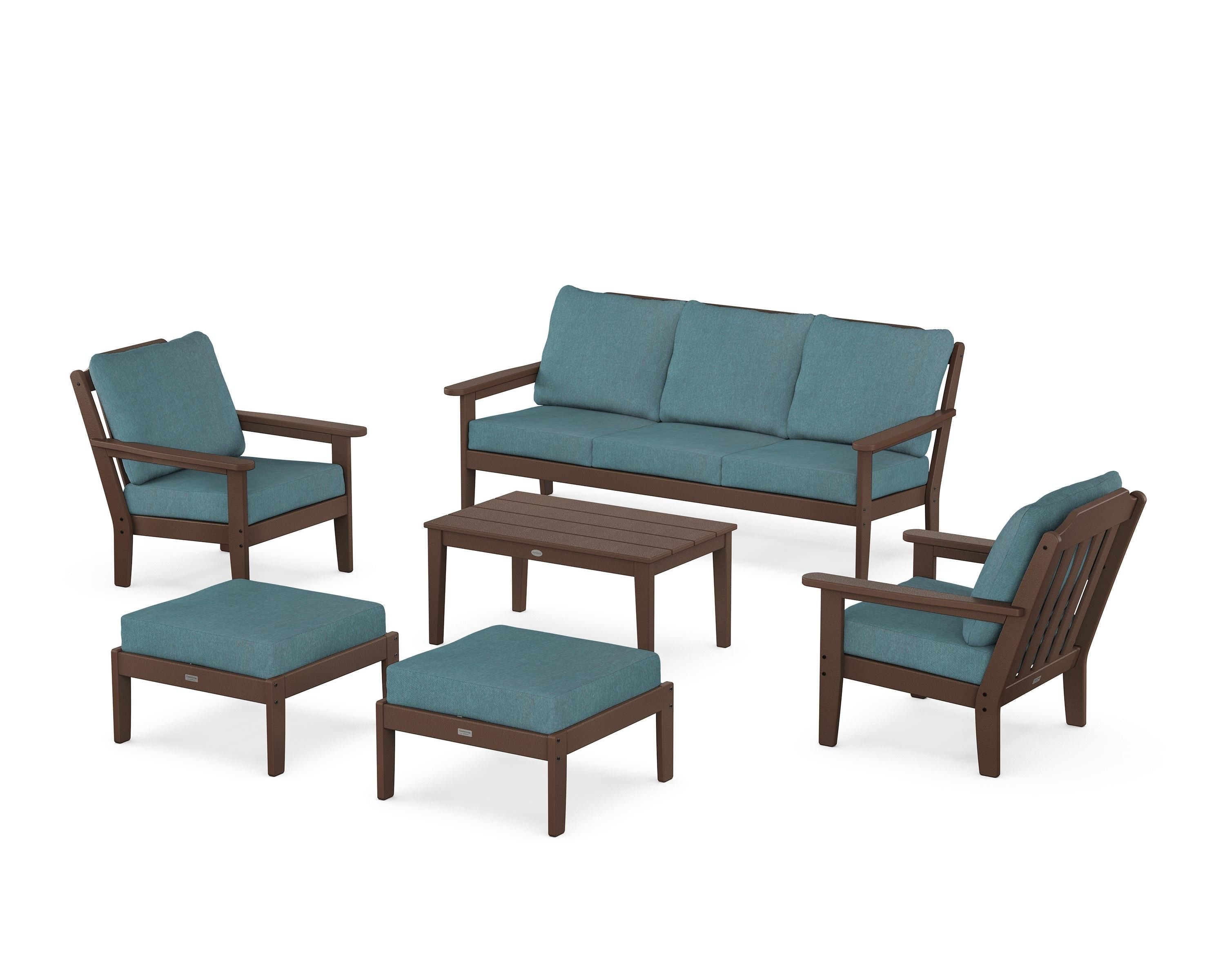 Country Living Cottage 6-Piece Lounge Sofa Set in Mahogany / Ocean Teal