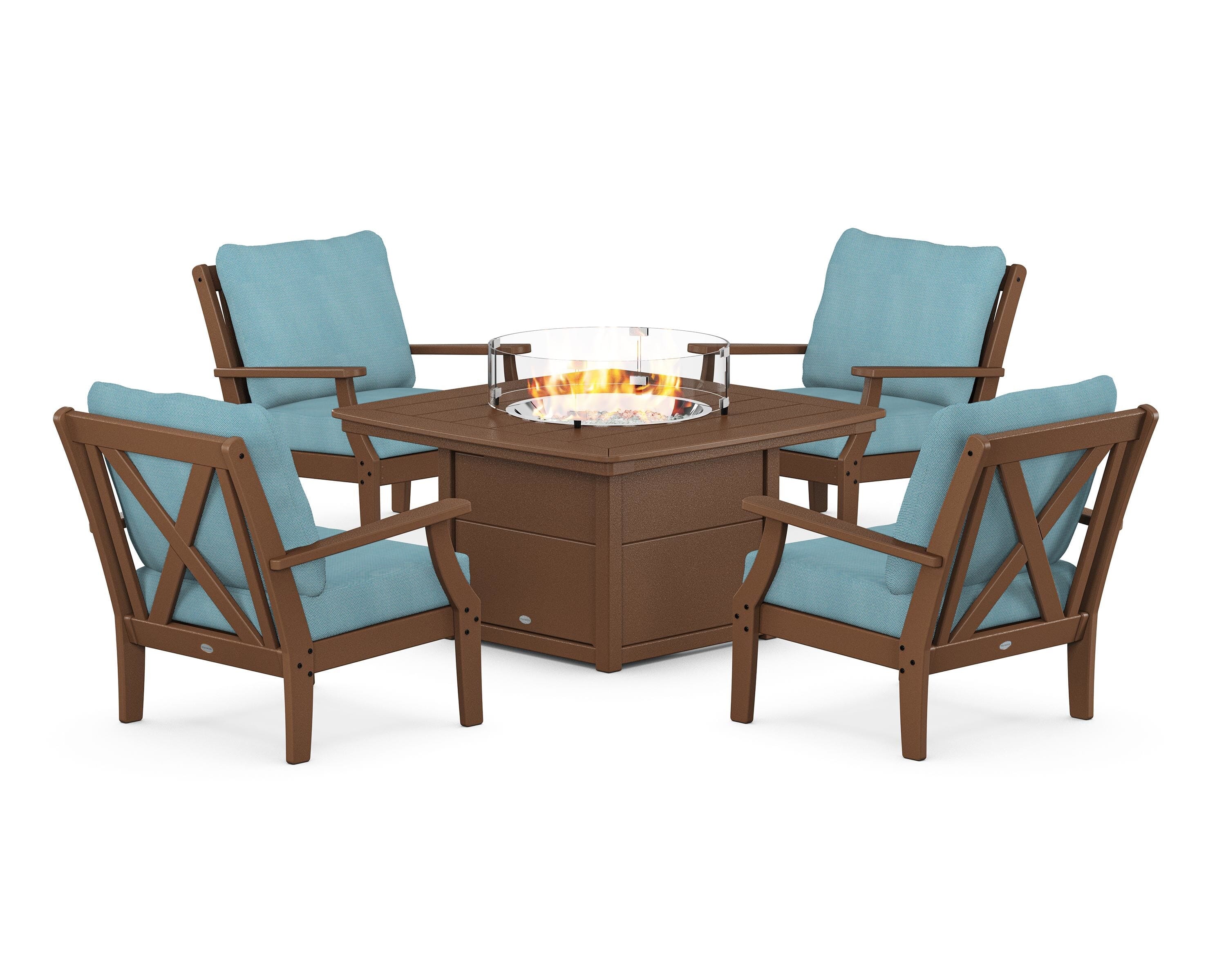 POLYWOOD Braxton 5-Piece Deep Seating Conversation Set with Fire Pit Table in Teak / Lattice Sky Blue