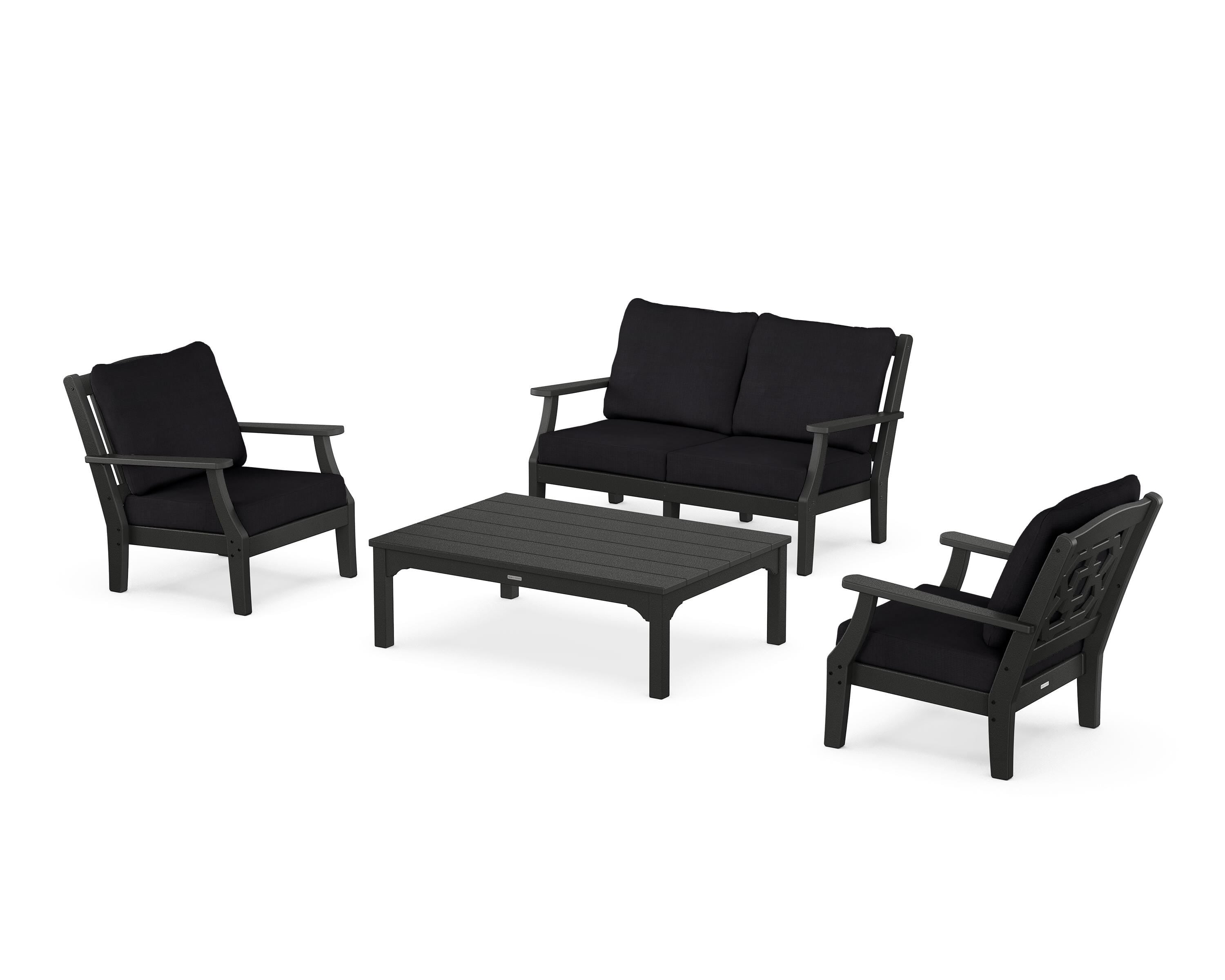 Martha Stewart by POLYWOOD Chinoiserie 4-Piece Deep Seating Set with Loveseat in Black / Midnight Linen