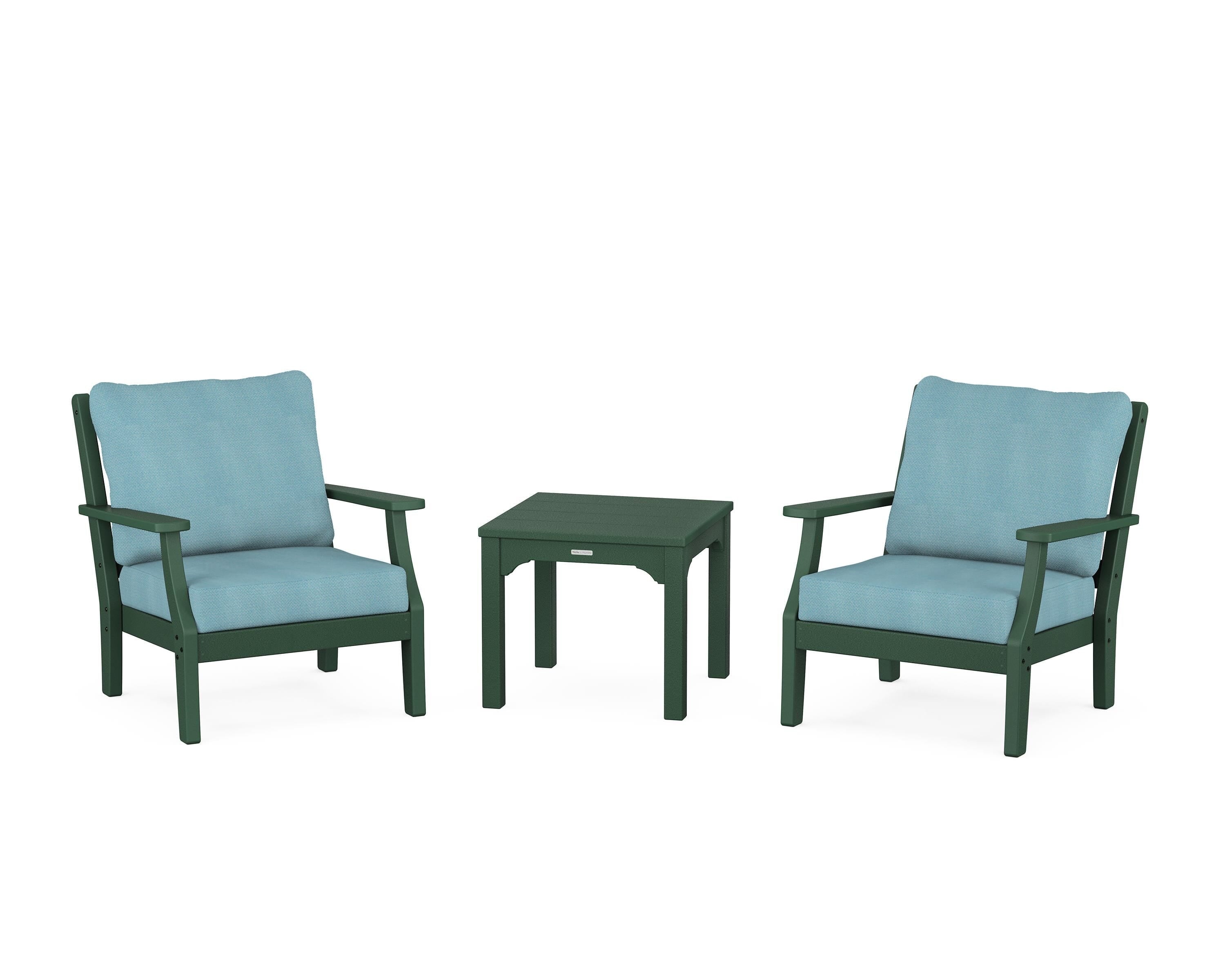 Martha Stewart by POLYWOOD Chinoiserie 3-Piece Deep Seating Set in Green / Lattice Sky Blue
