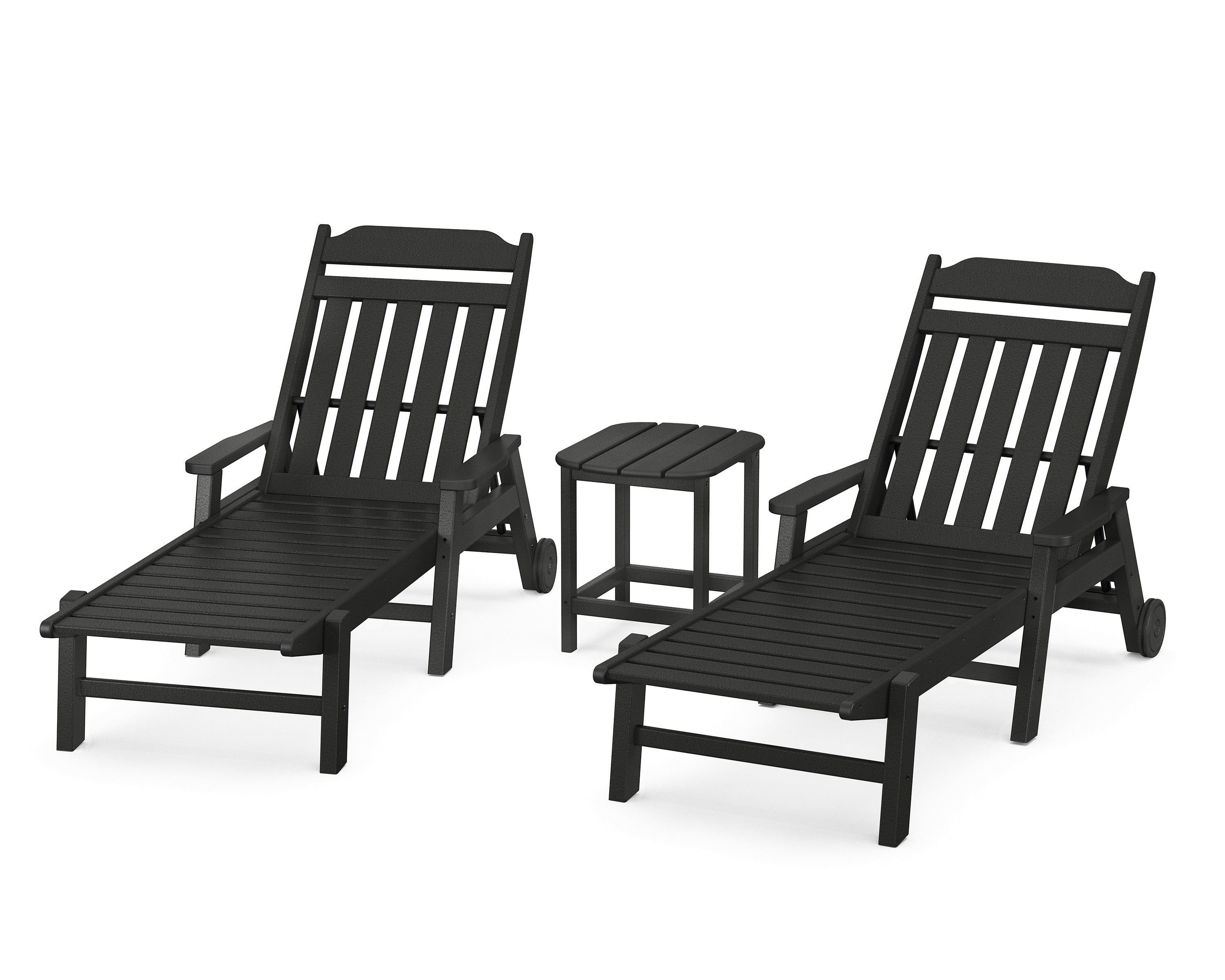 Country Living Cottage 3-Piece Chaise Set with Arms and Wheels in Black