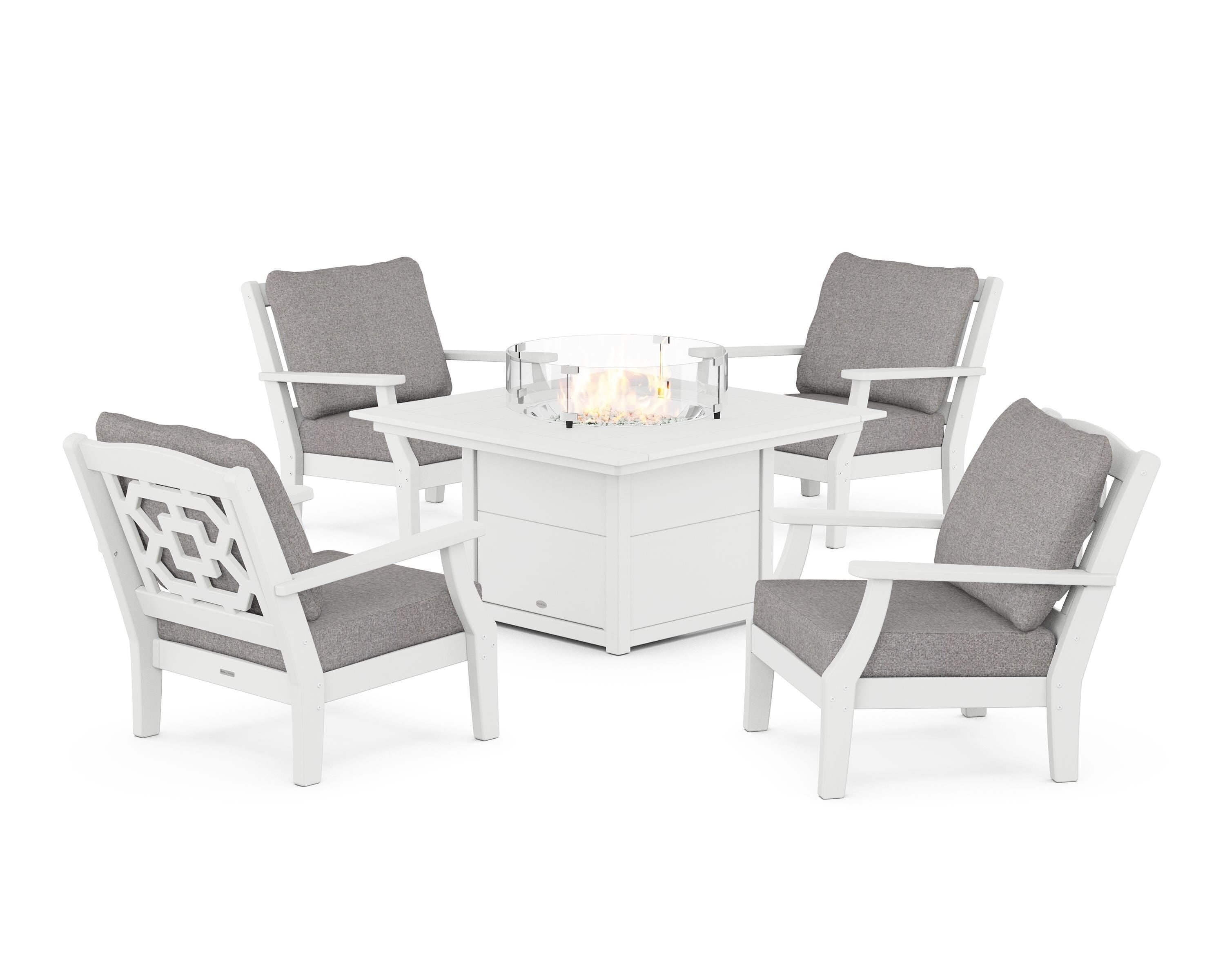 Martha Stewart by POLYWOOD Chinoiserie 5-Piece Deep Seating Set with Fire Pit Table in White / Grey Mist