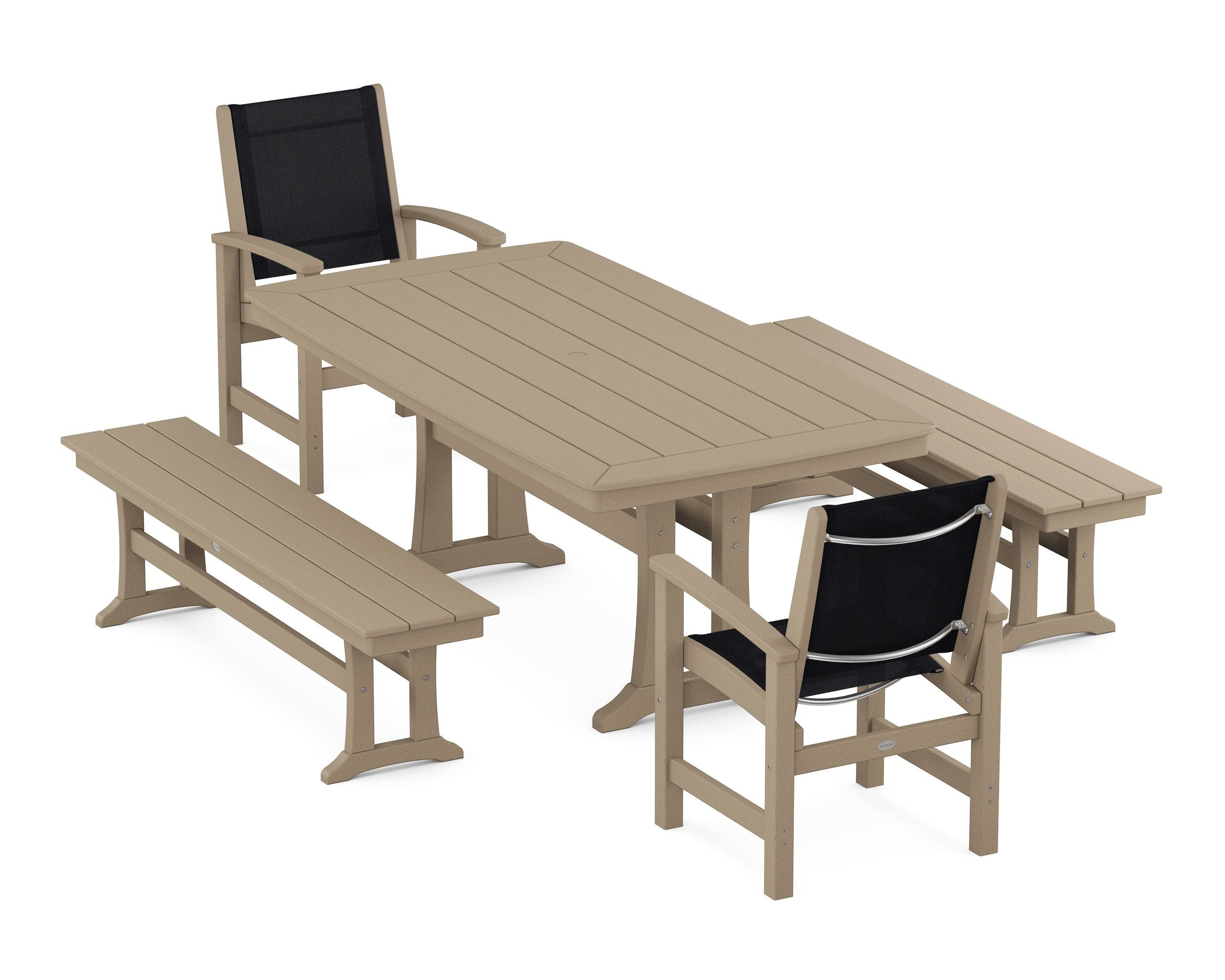 POLYWOOD Coastal 5-Piece Dining Set with Trestle Legs and Benches in Vintage Sahara / Black Sling