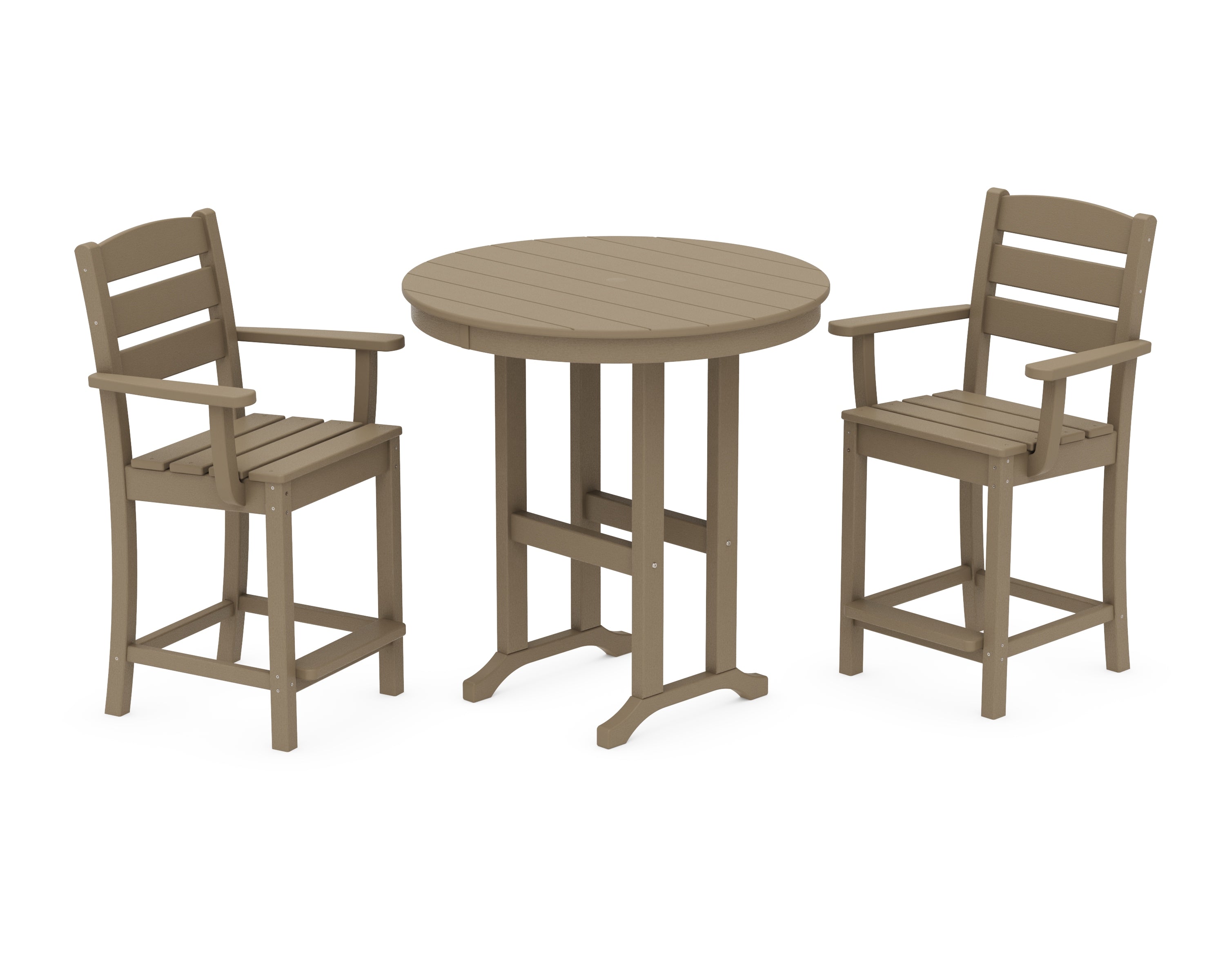 POLYWOOD Lakeside 3-Piece Round Farmhouse Arm Chair Counter Set in Vintage Sahara