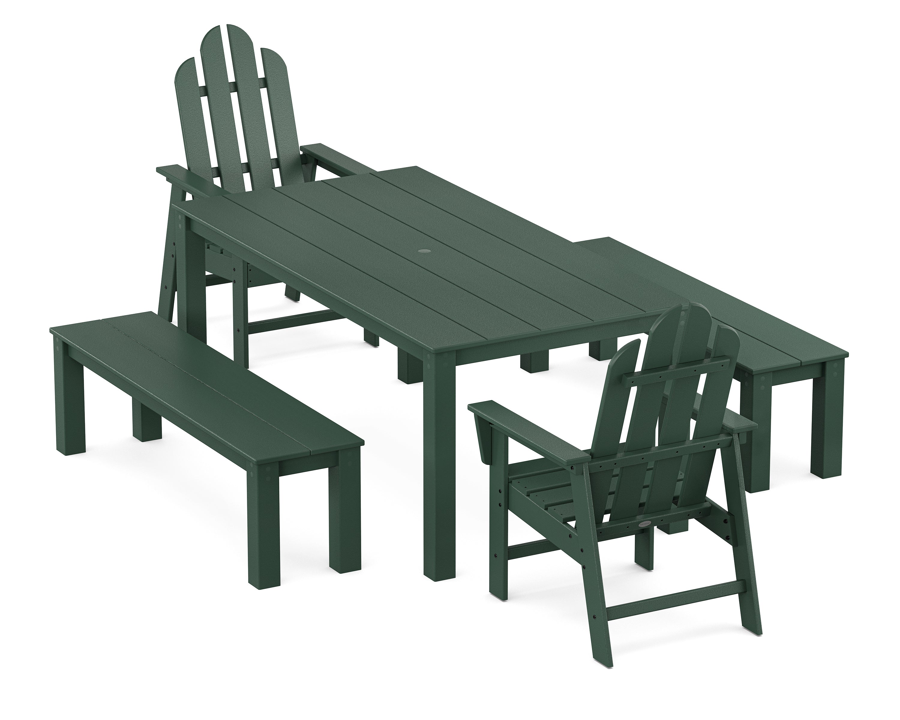 POLYWOOD Long Island 5-Piece Parsons Dining Set with Benches in Green