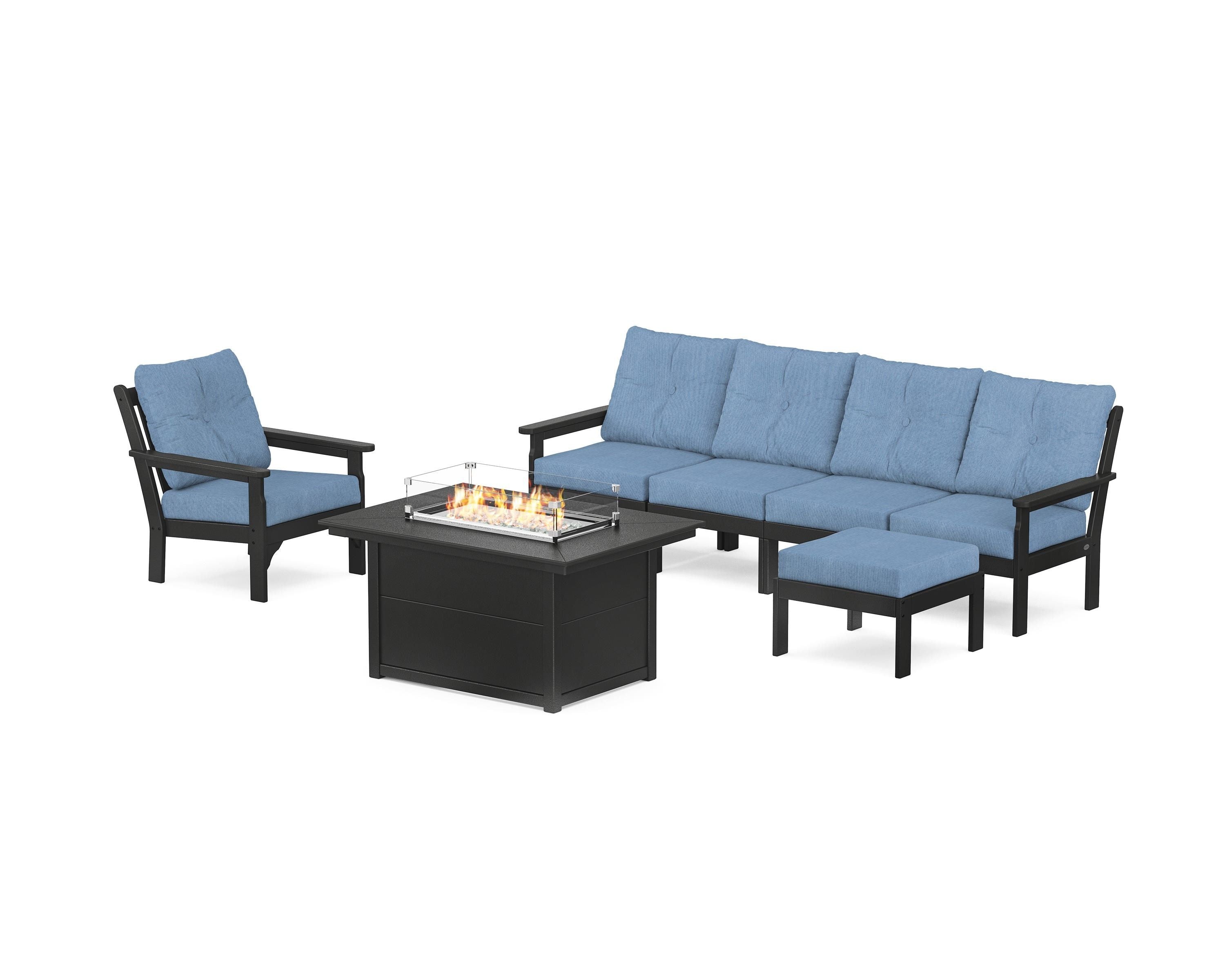 POLYWOOD Vineyard Sectional Lounge and Fire Pit Set in Black / Sky Blue