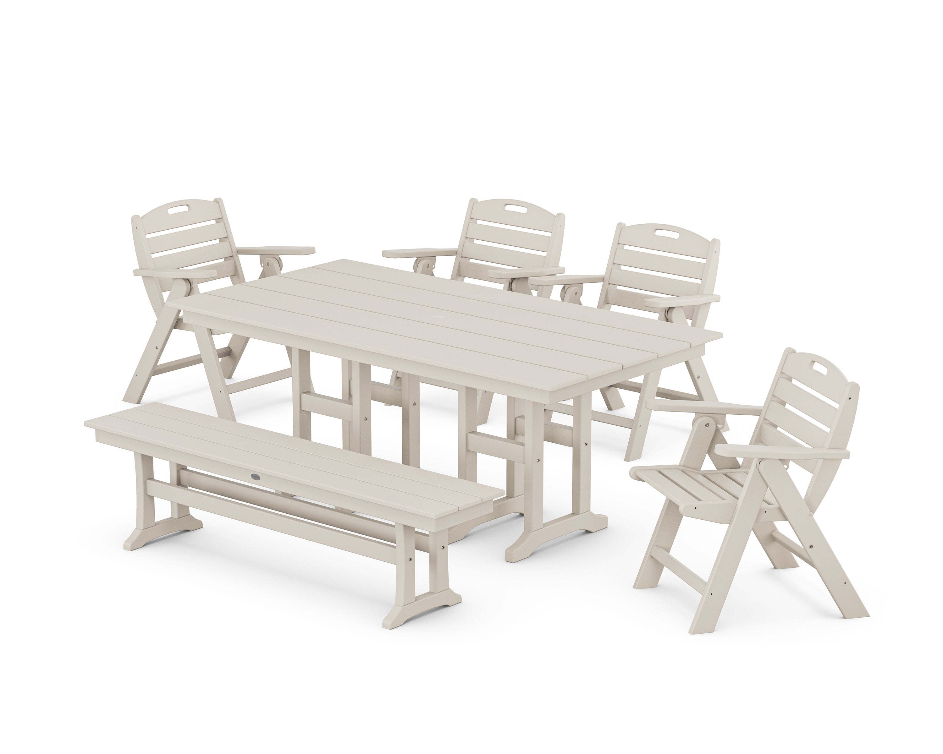 POLYWOOD Nautical Lowback 6-Piece Farmhouse Dining Set with Bench in Sand