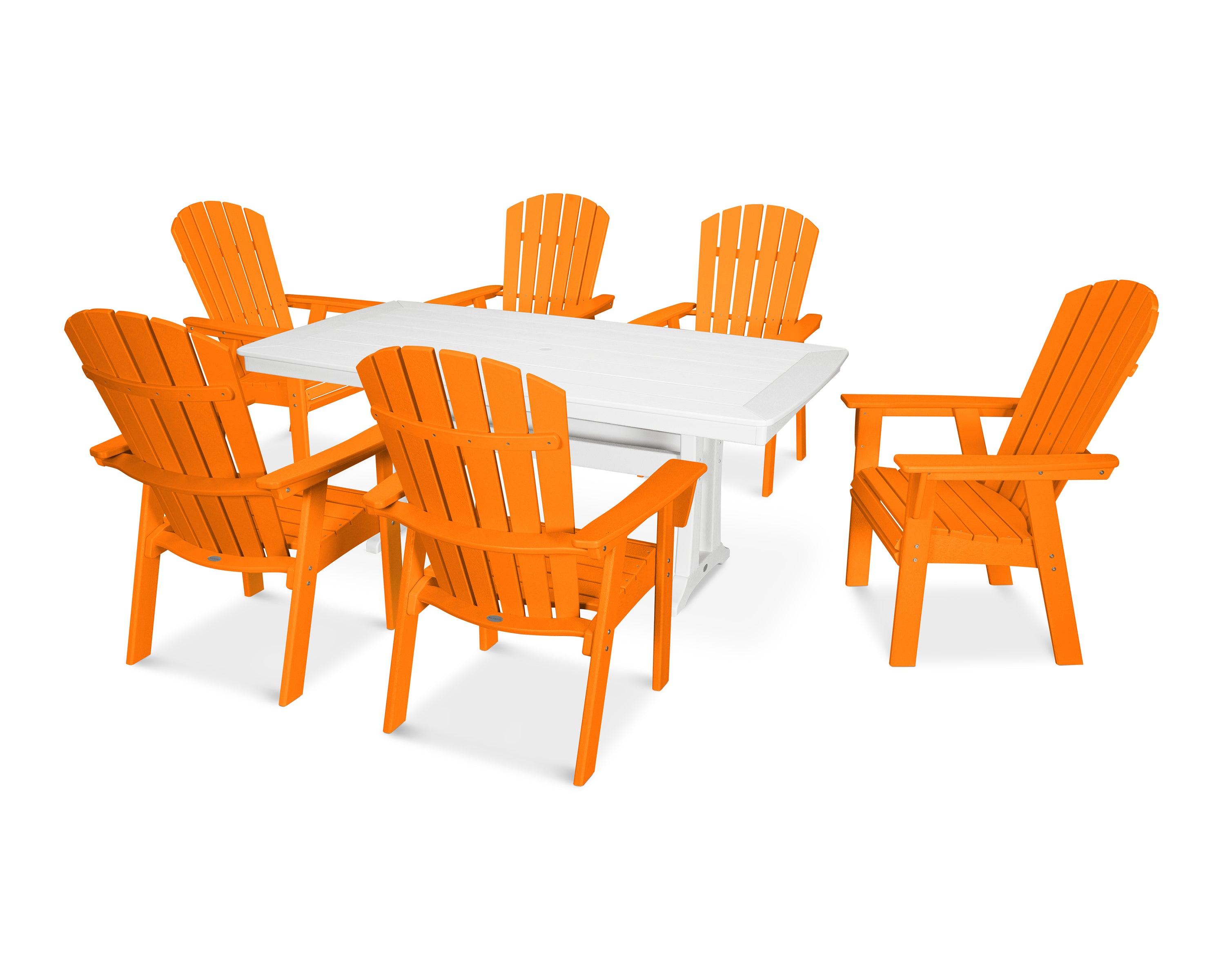 POLYWOOD Nautical Curveback Adirondack 7-Piece Dining Set with Trestle Legs in Tangerine / White
