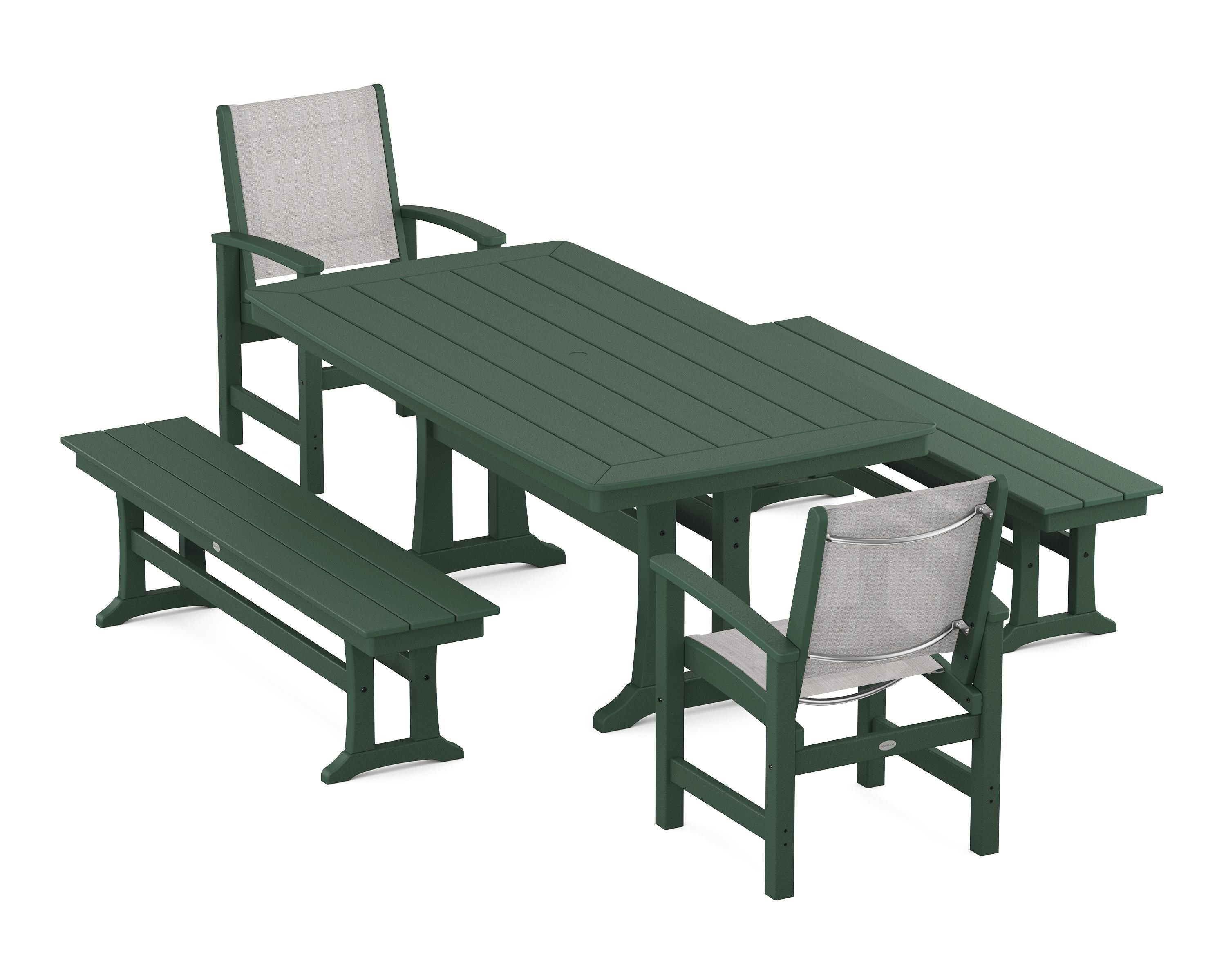POLYWOOD Coastal 5-Piece Dining Set with Trestle Legs and Benches in Green / Parchment Sling