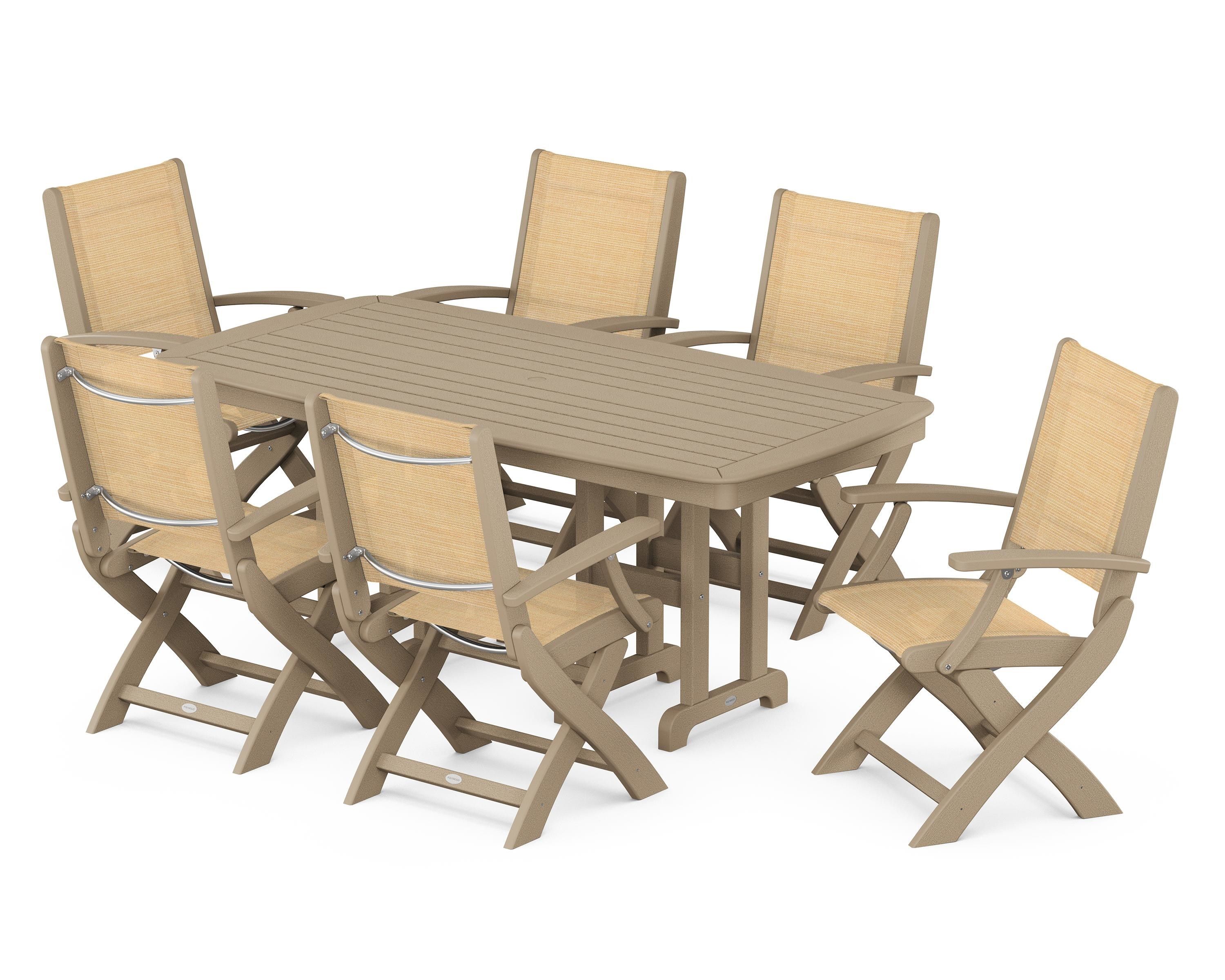 POLYWOOD Coastal Folding Arm Chair 7-Piece Dining Set in Vintage Sahara / Dupioni Apricot Sling