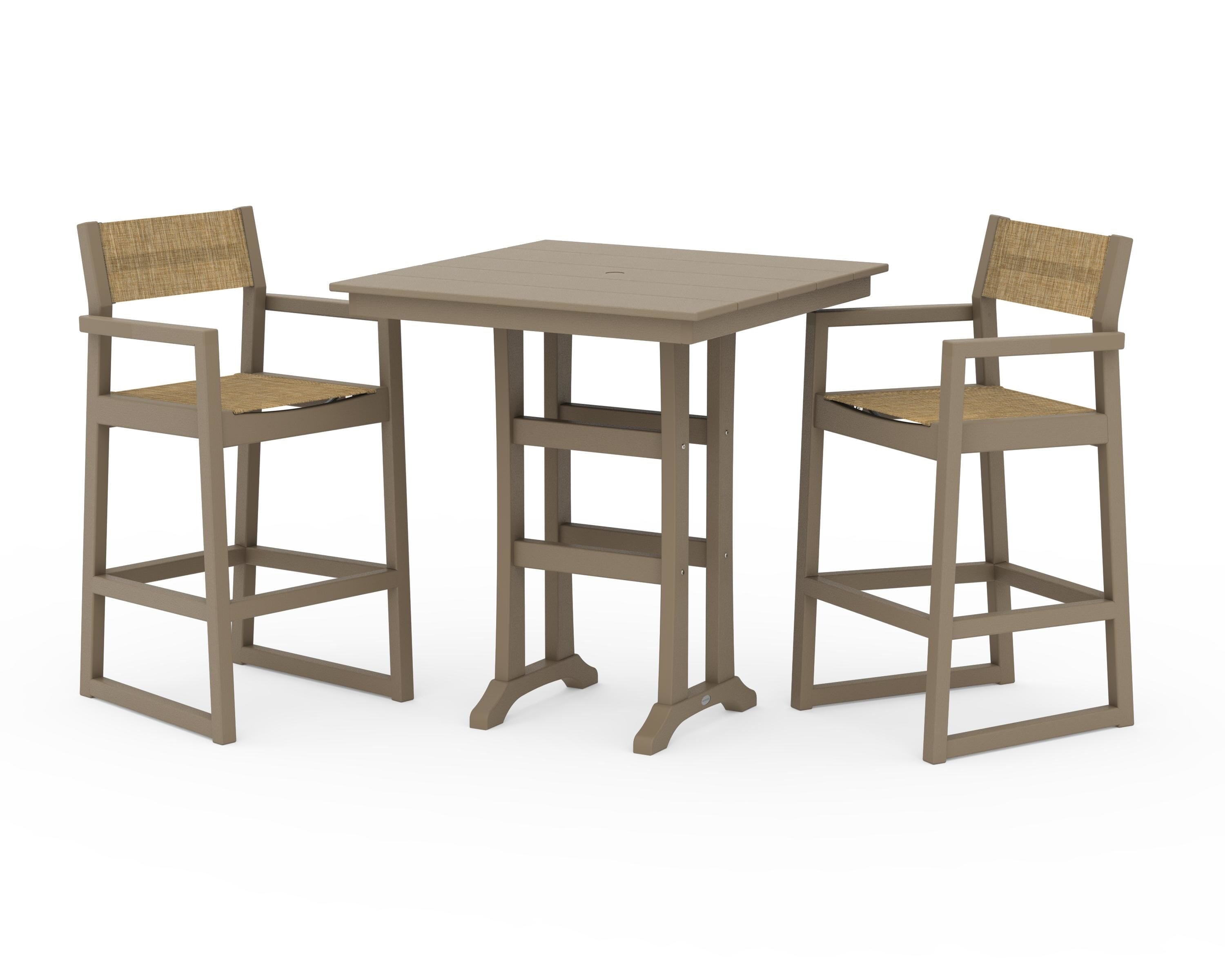 POLYWOOD EDGE Sling Arm Chair 3-Piece Farmhouse Bar Set with Trestle Legs in Vintage Sahara / Burlap Sling