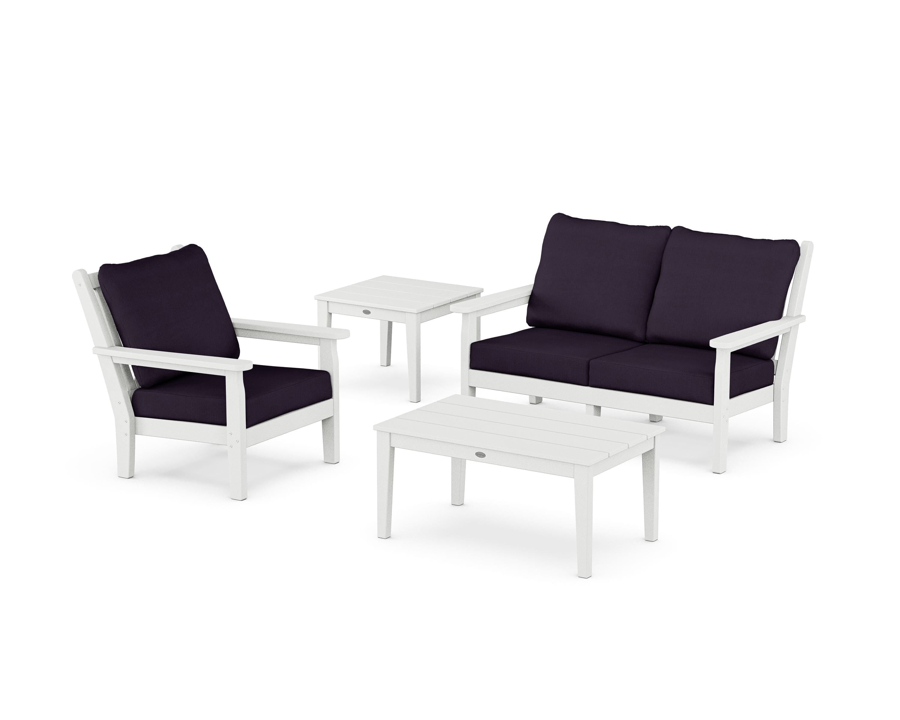POLYWOOD Chippendale 4-Piece Deep Seating Set in White / Navy Linen