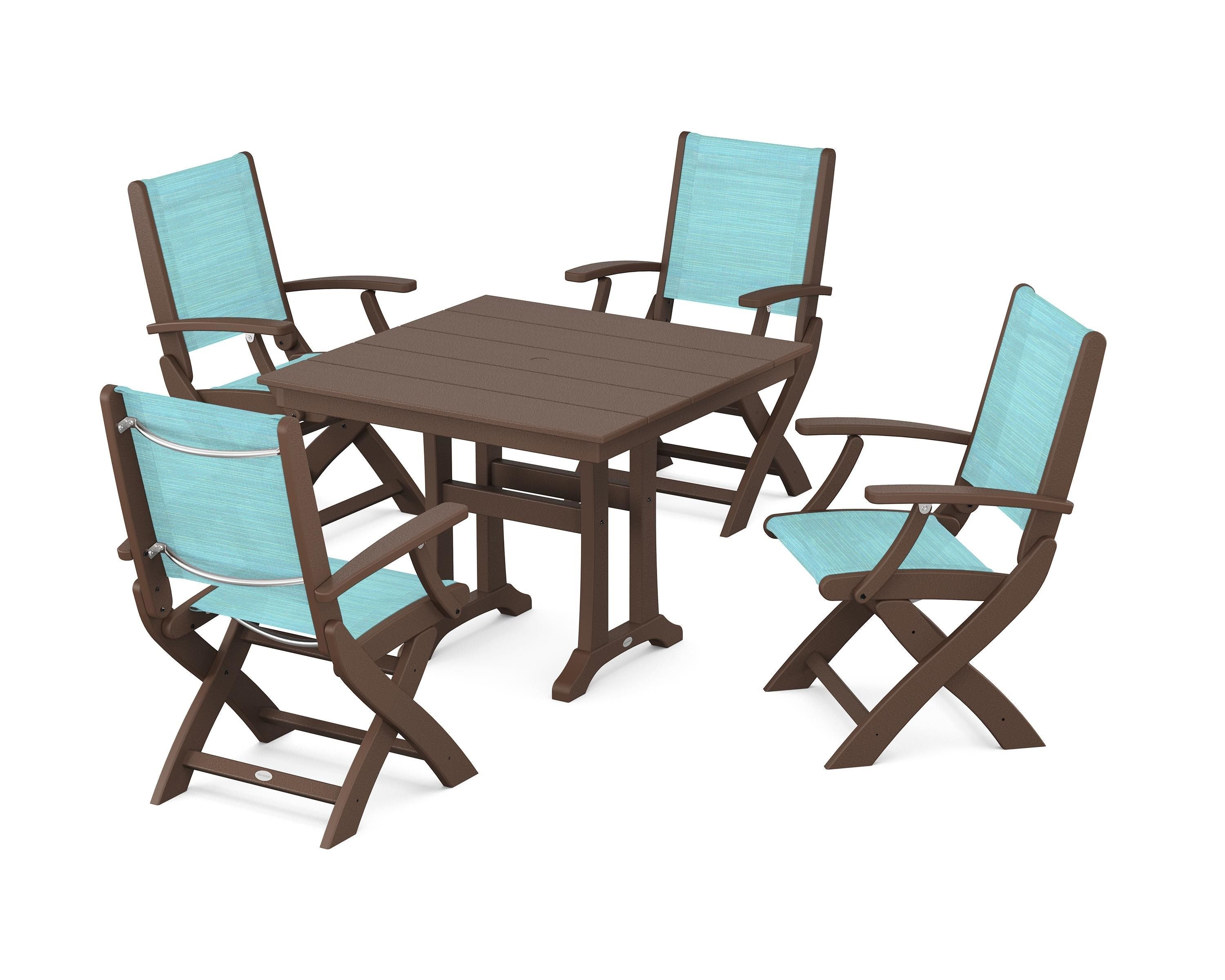 POLYWOOD Coastal Folding Chair 5-Piece Farmhouse Dining Set With Trestle Legs in Mahogany / Dupioni Aquamarine Sling
