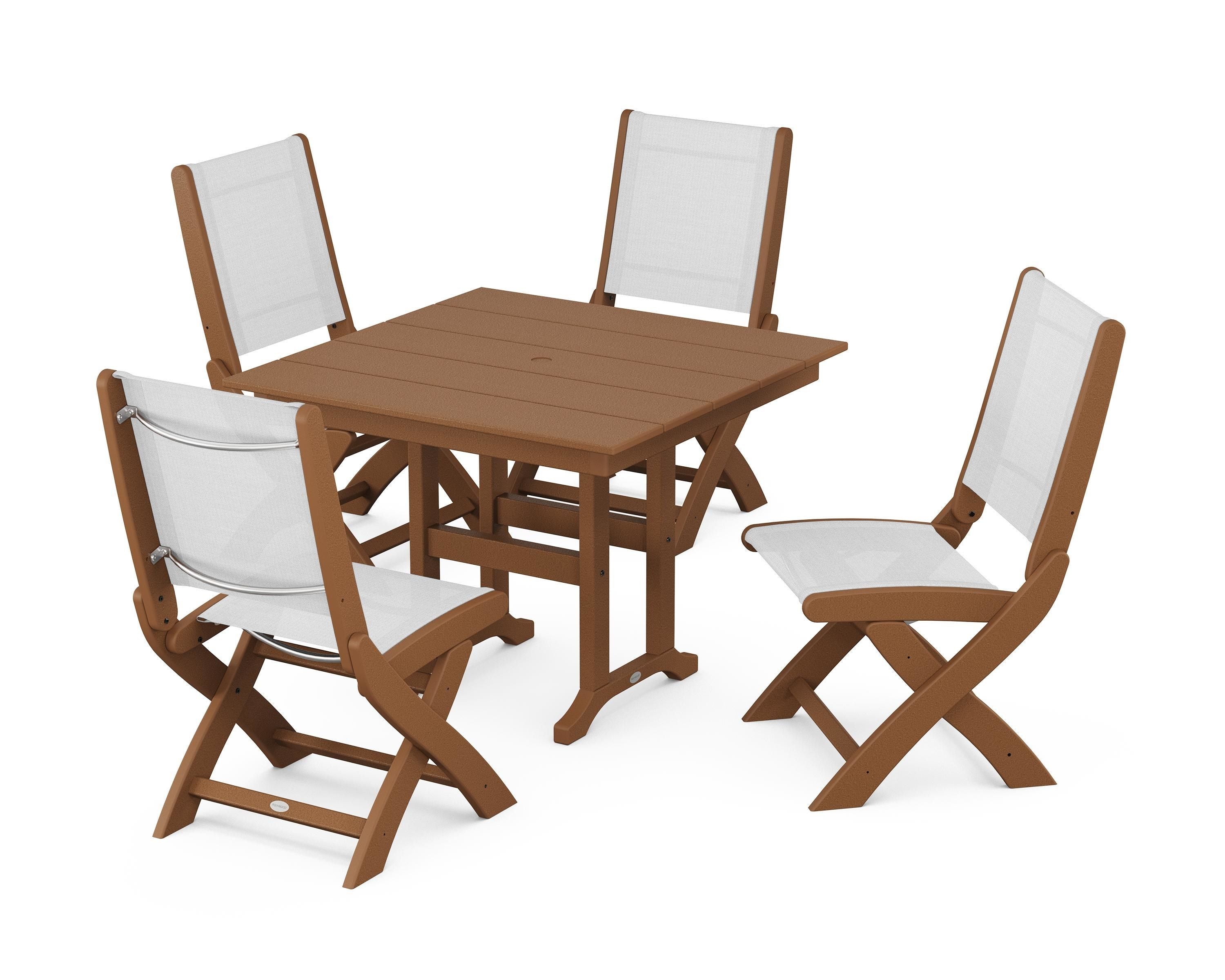 POLYWOOD Coastal Folding Side Chair 5-Piece Farmhouse Dining Set in Teak / White Sling