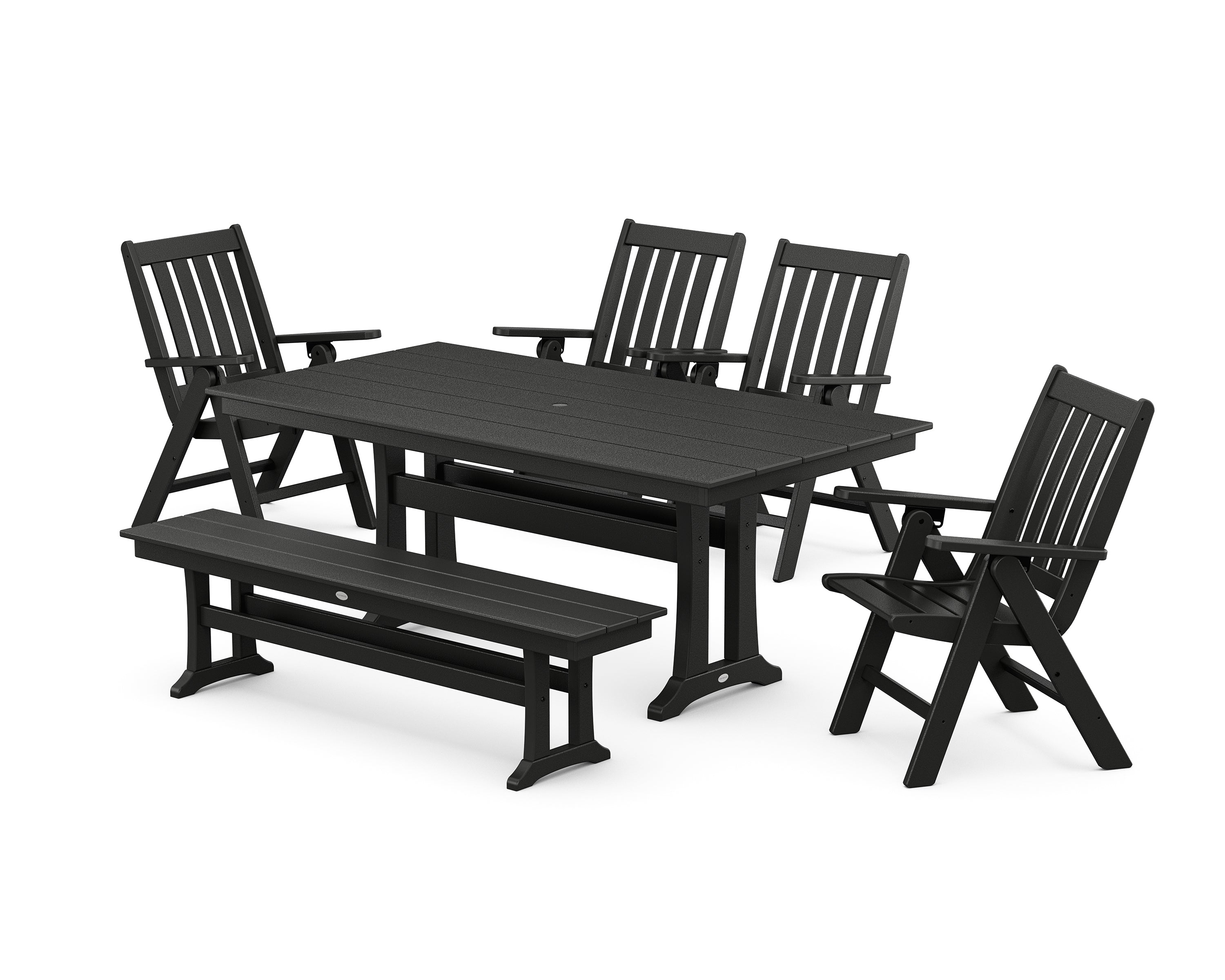 POLYWOOD Vineyard 6-Piece Folding Chair Farmhouse Dining Set with Trestle Legs and Bench in Black