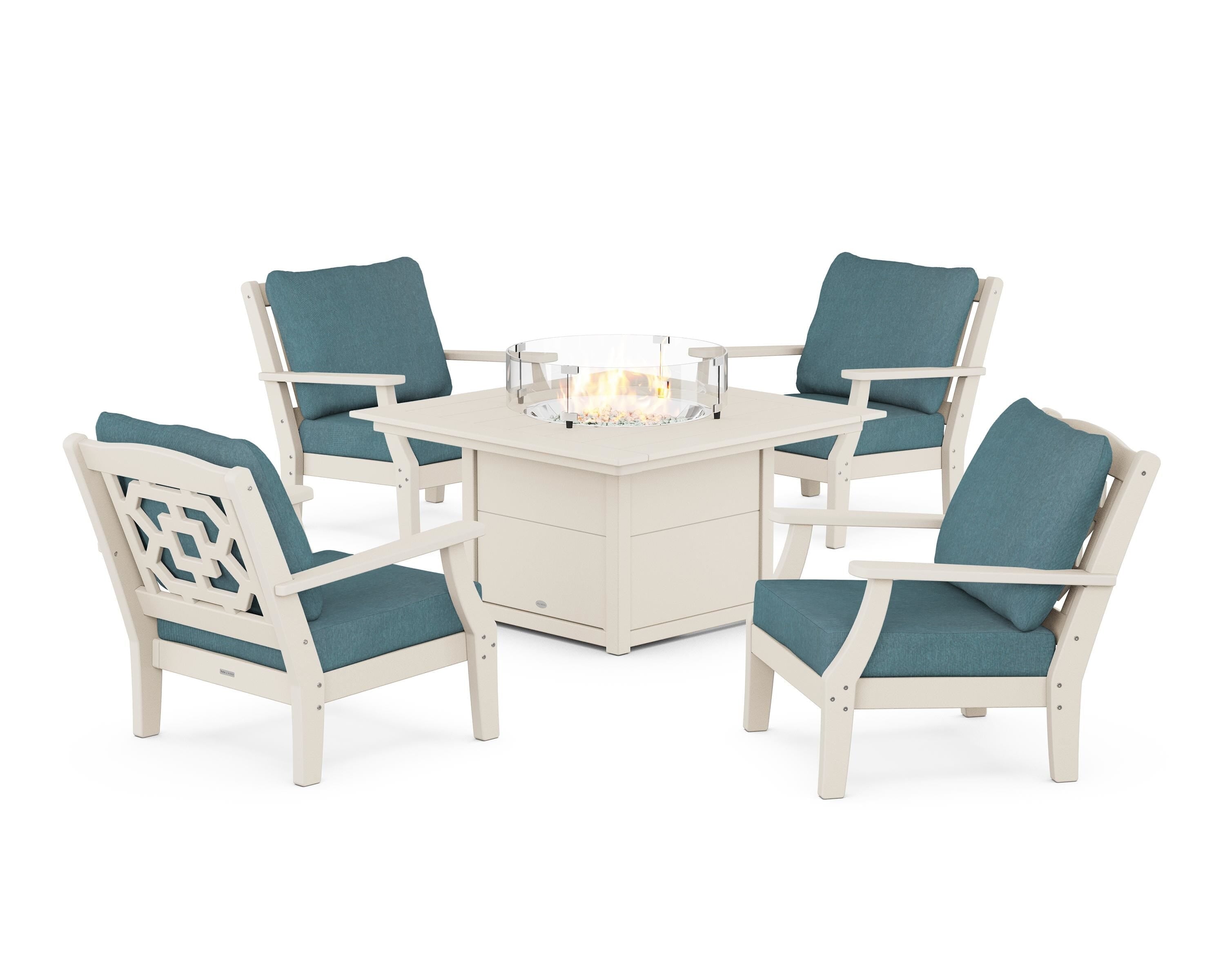 Martha Stewart by POLYWOOD Chinoiserie 5-Piece Deep Seating Set with Fire Pit Table in Sand / Ocean Teal