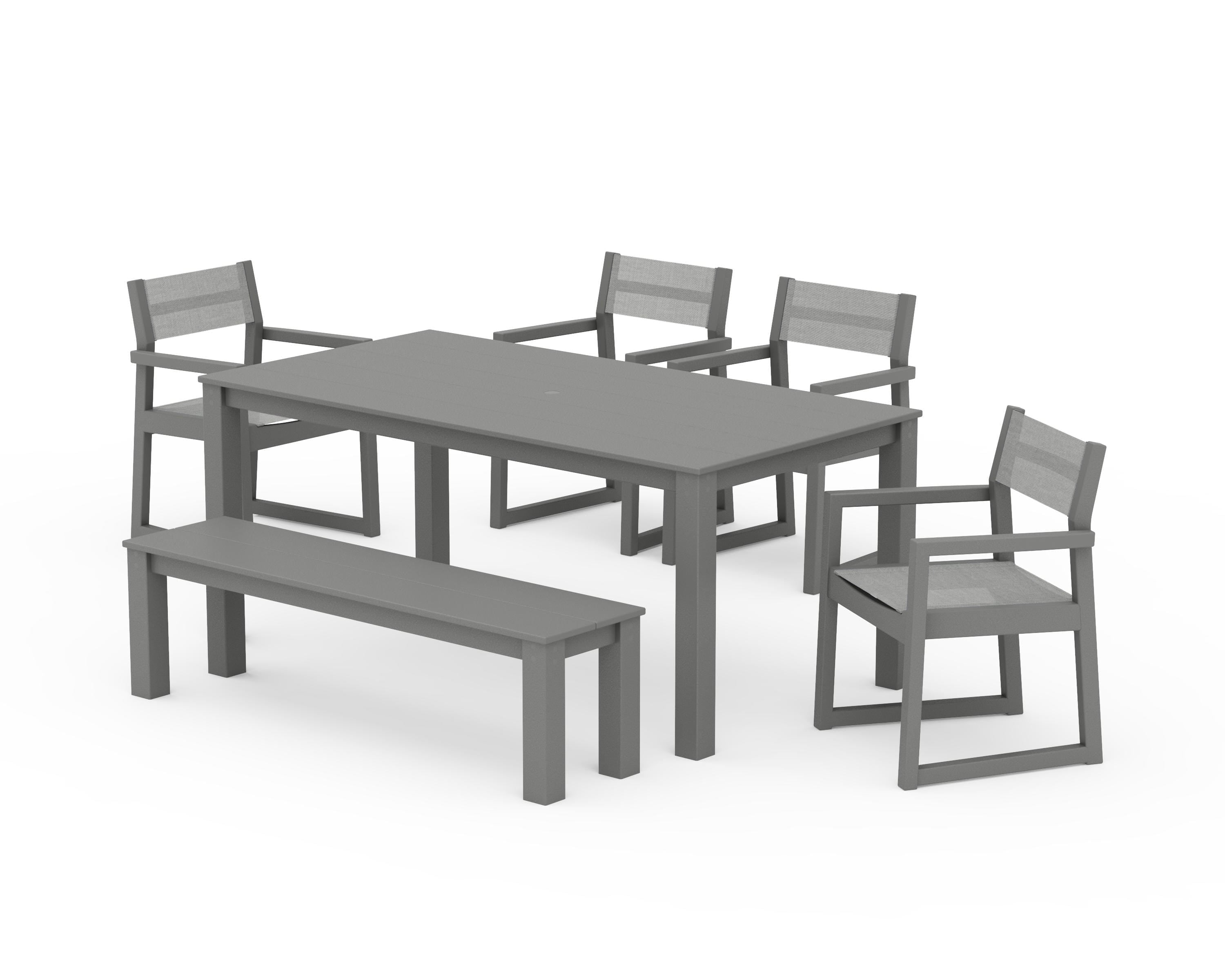 POLYWOOD EDGE Sling Arm Chair 6-Piece Parsons Dining Set with Bench in Slate Grey / Metallic Sling