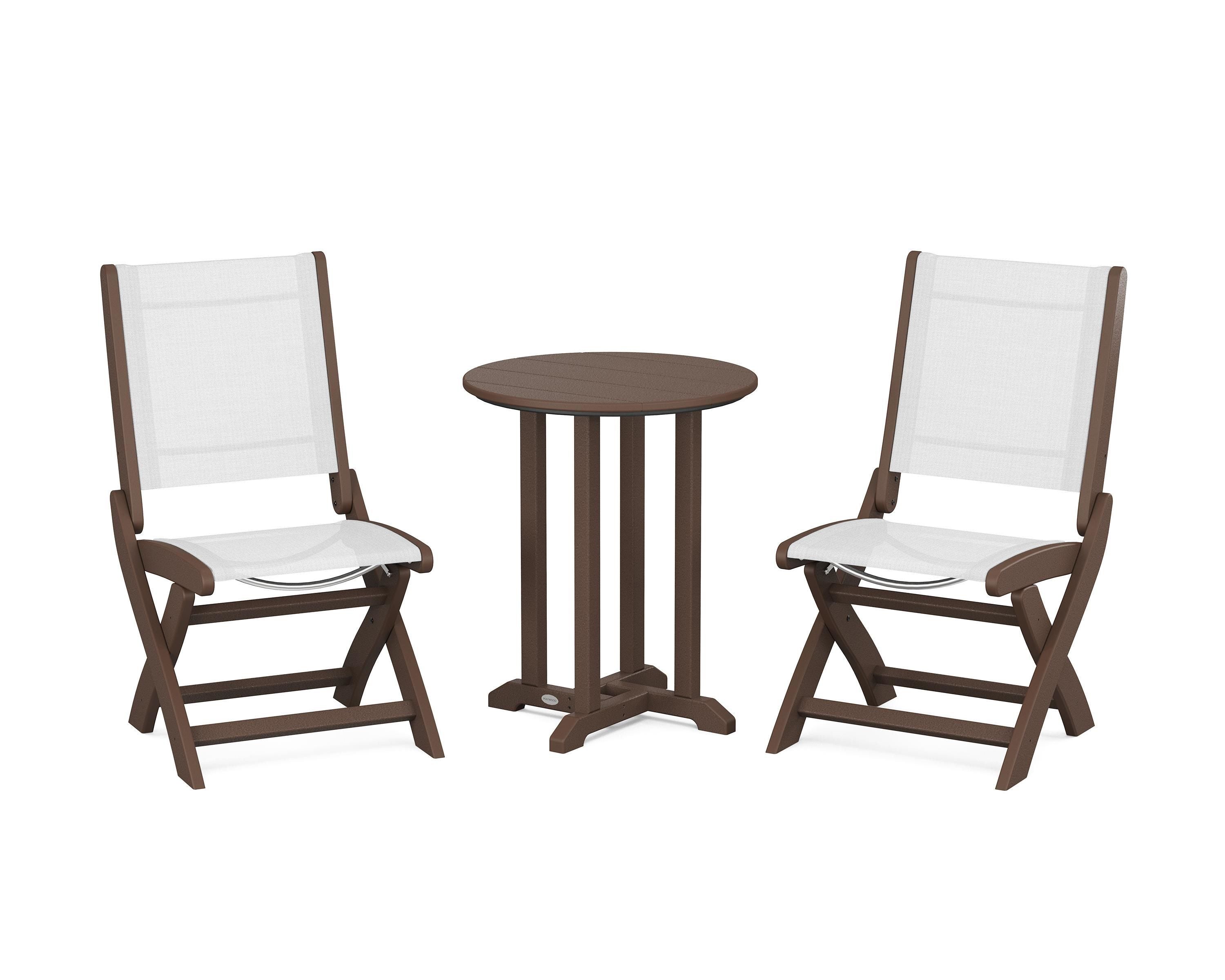 POLYWOOD Coastal Folding Side Chair 3-Piece Round Bistro Dining Set in Mahogany / White Sling